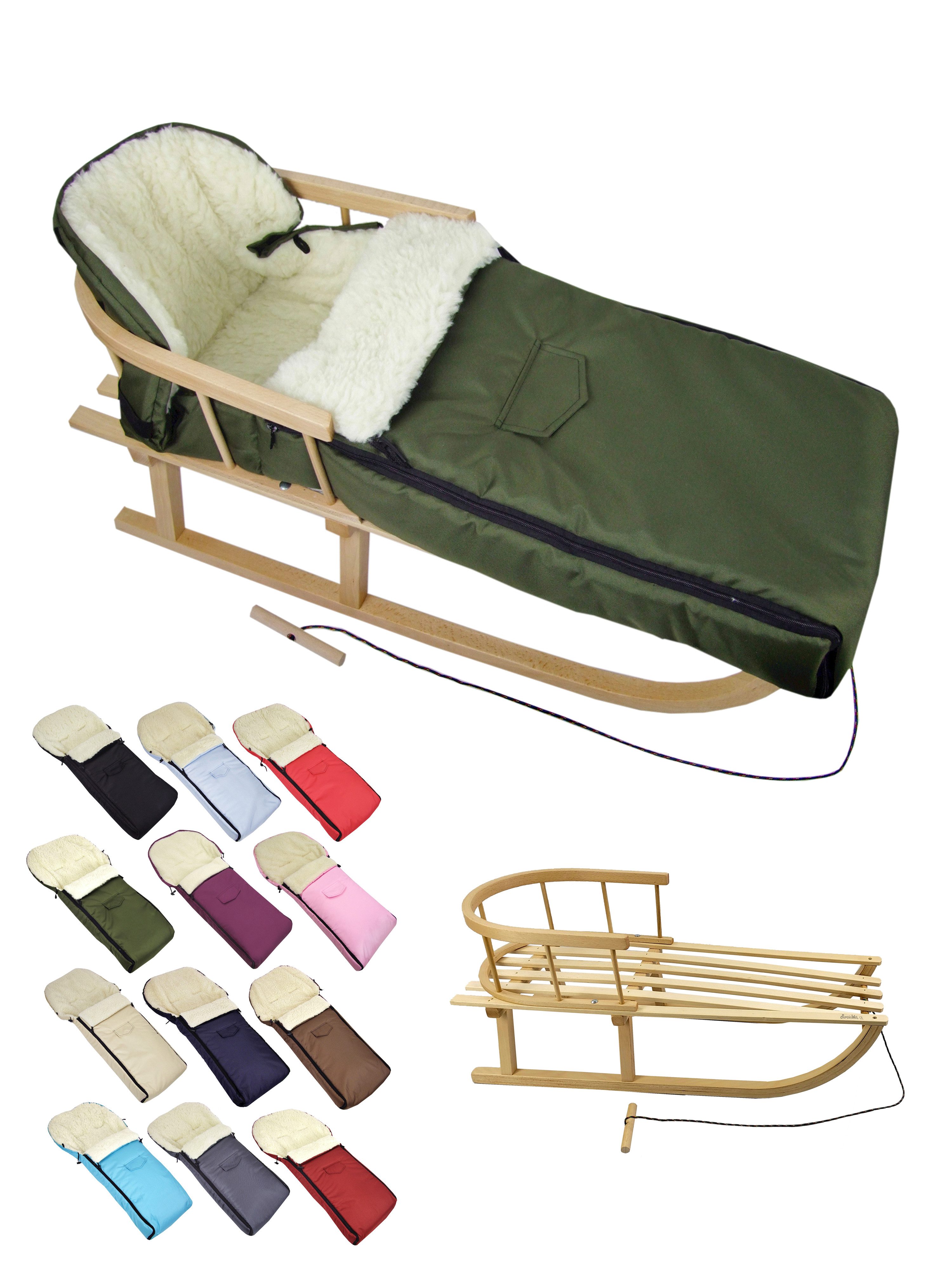 BambiniWelt by Rafael K. Schlitten CE-HOLZSCHLITTEN mit Rückenlehne Zugleine + WINTERFUßSACK Wolle 108cm (universaler Winterfußsack (108cm) + Holzschlitten (90cm), Kombi-Angebot