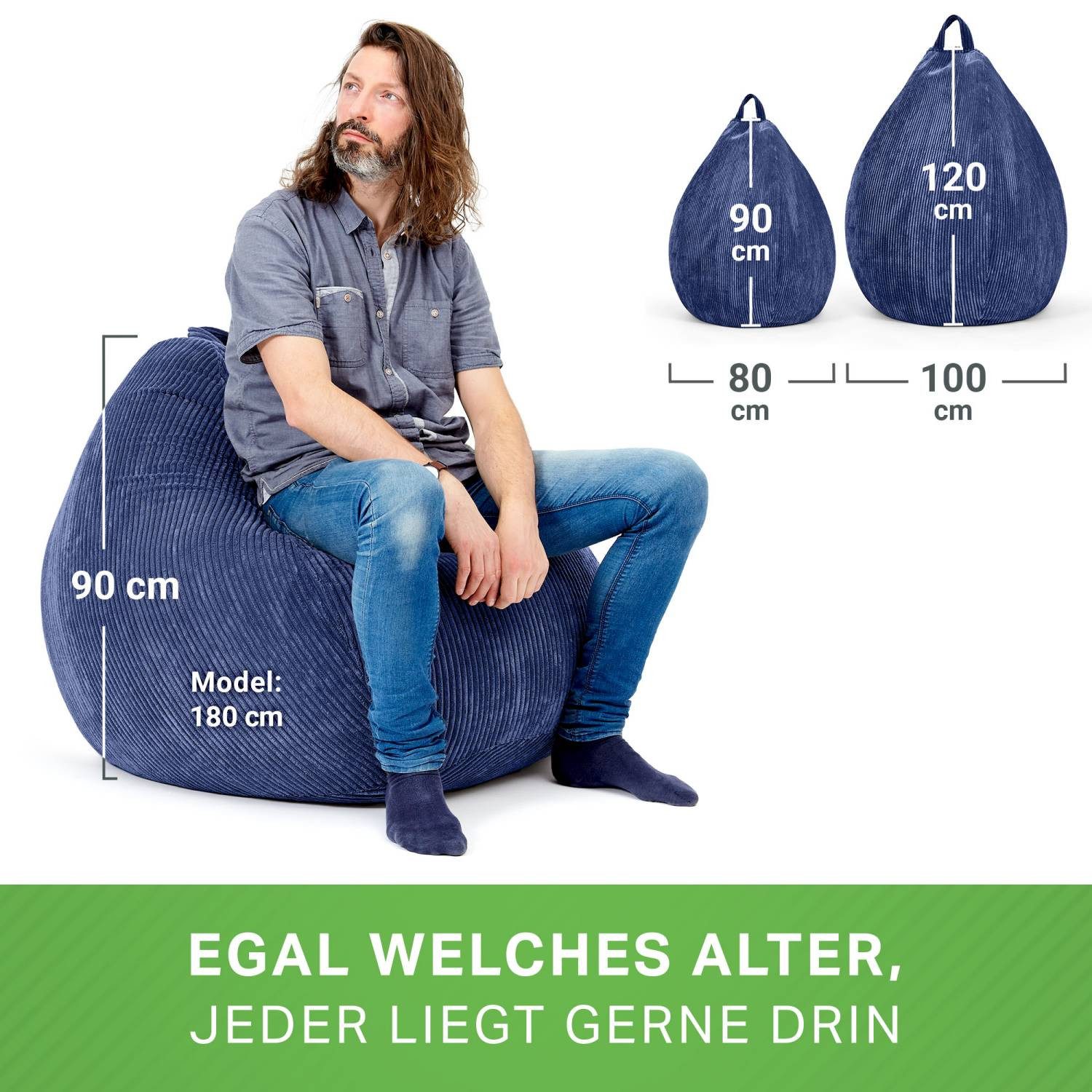 Green Bean Sitzsack Indoor Sitzsack Scoop 90x110cm - Cord (Indoor Sitzsack 90x110cm aus Cordstoff mit EPS-Perlen Füllung, Kuschelig Weich Waschbar - Drinnen Bod – Bild 5 von 5