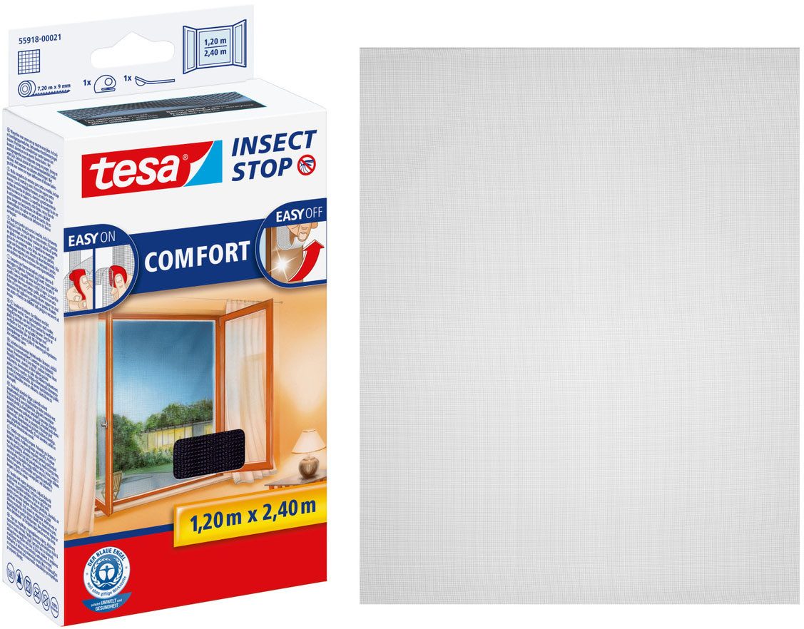 tesa Fliegengitter-Gewebe Insect Stop Comfort für bodentiefe Fenster - 120x240 cm, (Packung, 1-St., mit Klettband, Andrück und Schneidehilfe), Insektenschutzgitter - ohne Bohren - zuschneidbar