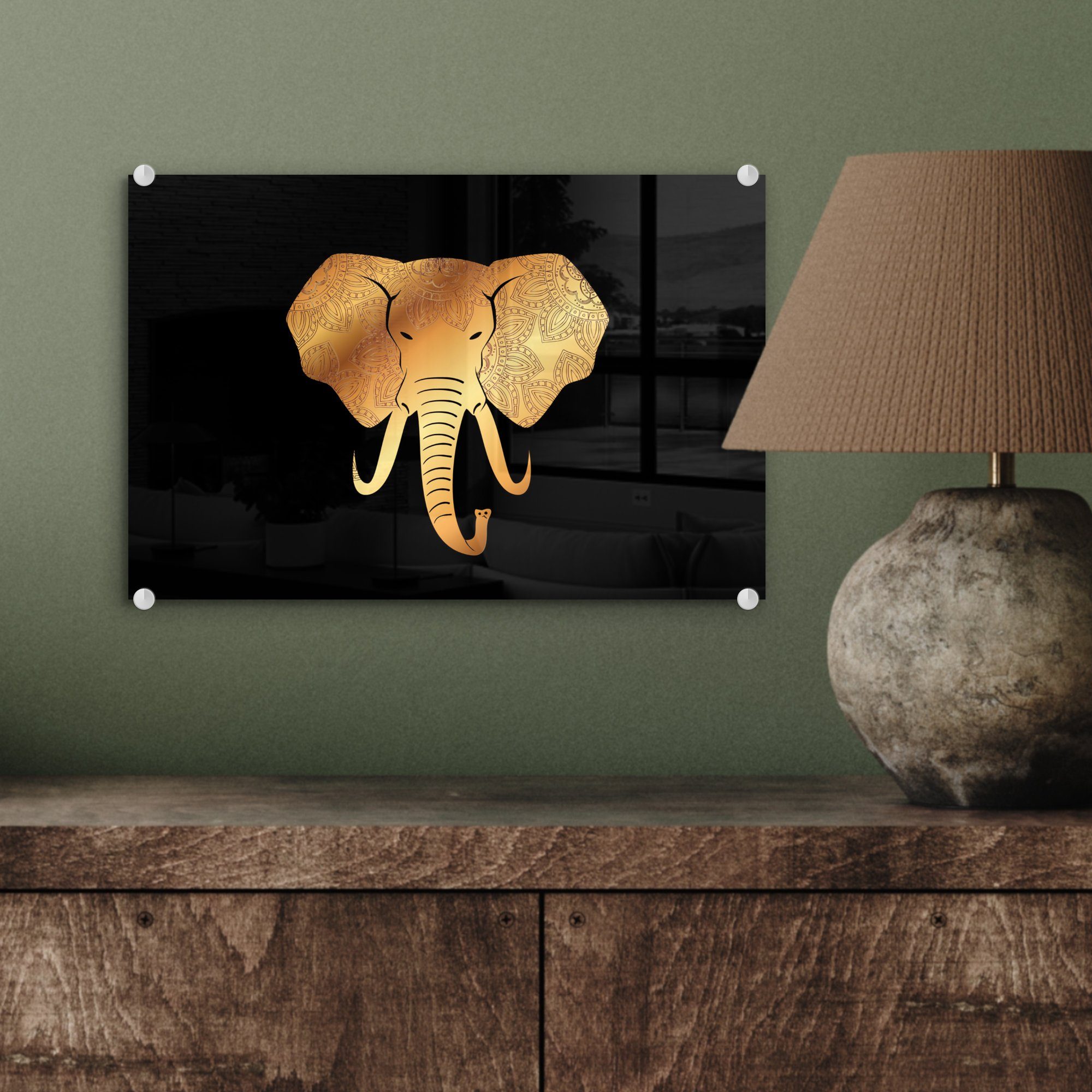 MuchoWow Acrylglasbild Elefant - - Foto Wandbild Tasse (1 Glas Gold - Glasbilder St), auf - - Bilder Wanddekoration Glas - Muster, auf