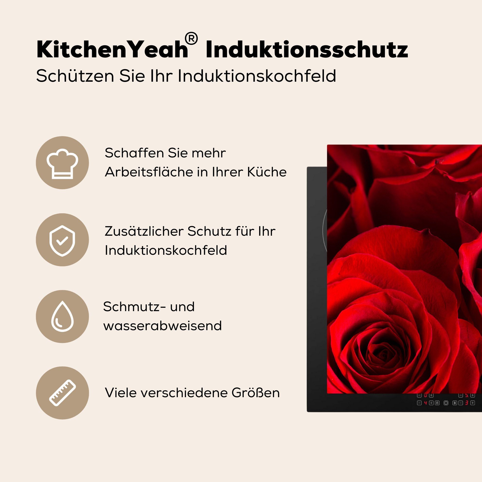 Herdblende-/Abdeckplatte 83x51 für cm, Ceranfeldabdeckung, küche Blume, tlg), Vinyl, (1 Rosen Arbeitsplatte - Rot MuchoWow -