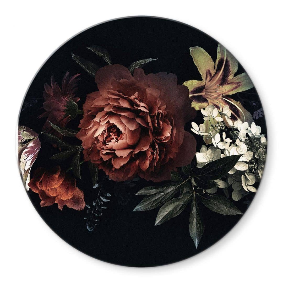 K&L Wall Art Glasbild Glas Wandbild Rund Glasbild Blumenbouquet Rot Blumenstrauß, Wandschutz Deko Изображения