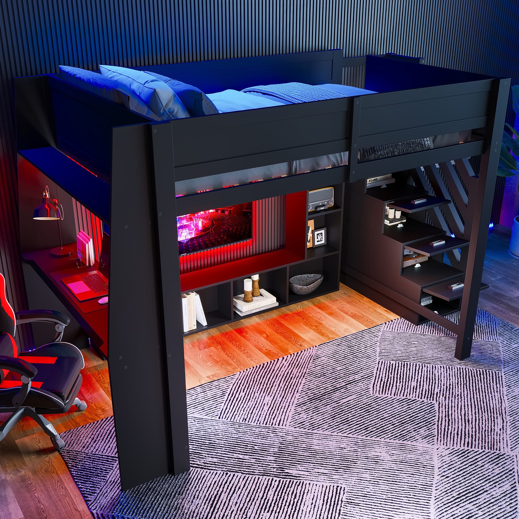 OKWISH Hochbett Buffetschrank mit Schiebetüren & 3 Schubladen (mit LED-Beleuchtung, Schreibtisch & Stauraumtreppe, Schwarz, 1-St., 278.5 x 145 x 170)