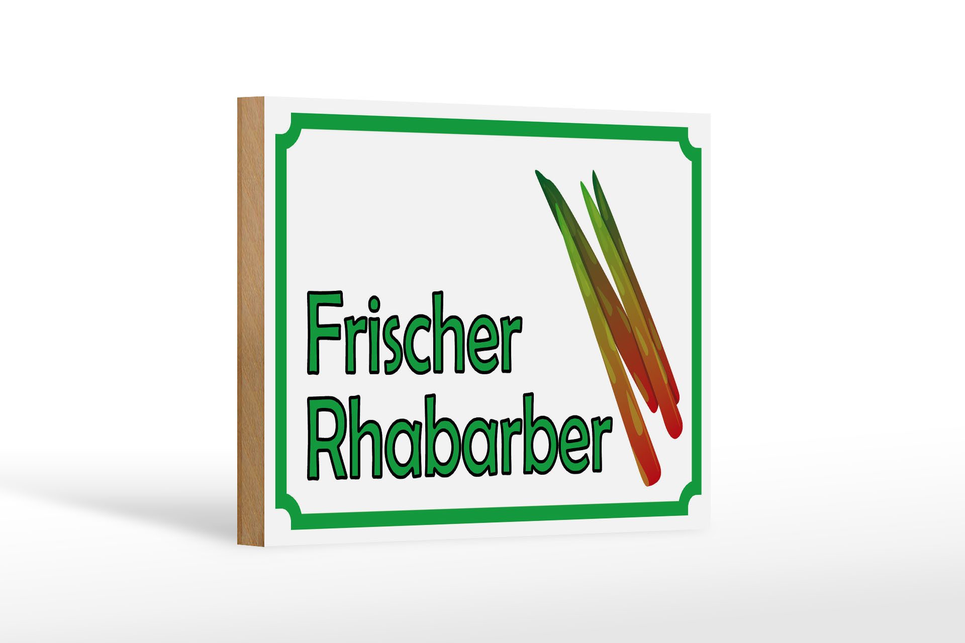 Holzbild Hinweis 18x12 cm frische Rhabarber Hofladen