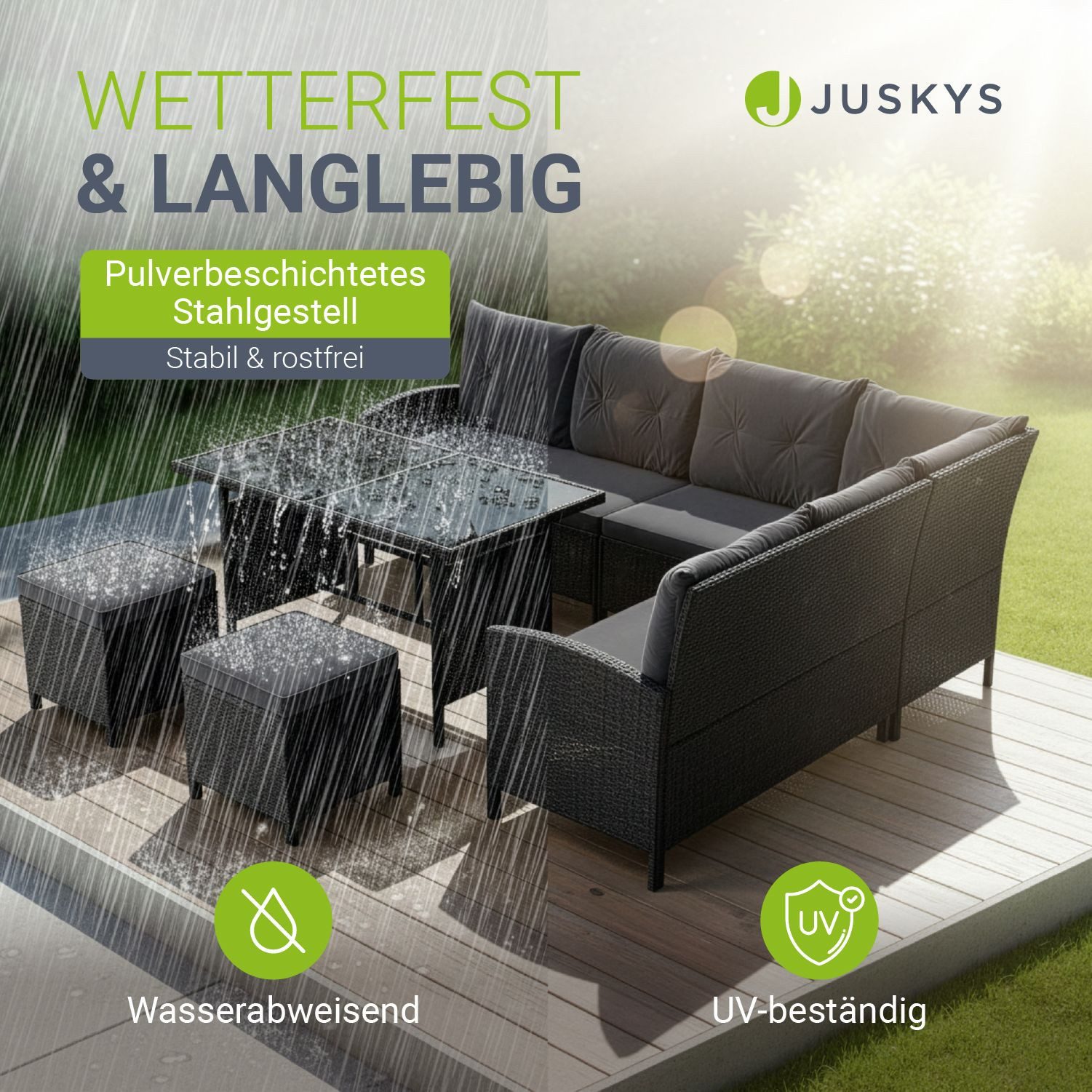 Juskys Gartenlounge-Set Manacor, (Gartenlounge), Polyrattan Gartenmöbel-Set mit Garten-Sofa, Garten-Tisch und 2 Hocker