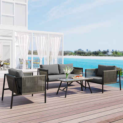 REDOM Gartenlounge-Set Gartenmöbel-Set mit verzinktem Stahlgestell, 4 Sitzer Gartenmöbel Sitzgruppe Balkonset aus Stahl und PE-Rattan