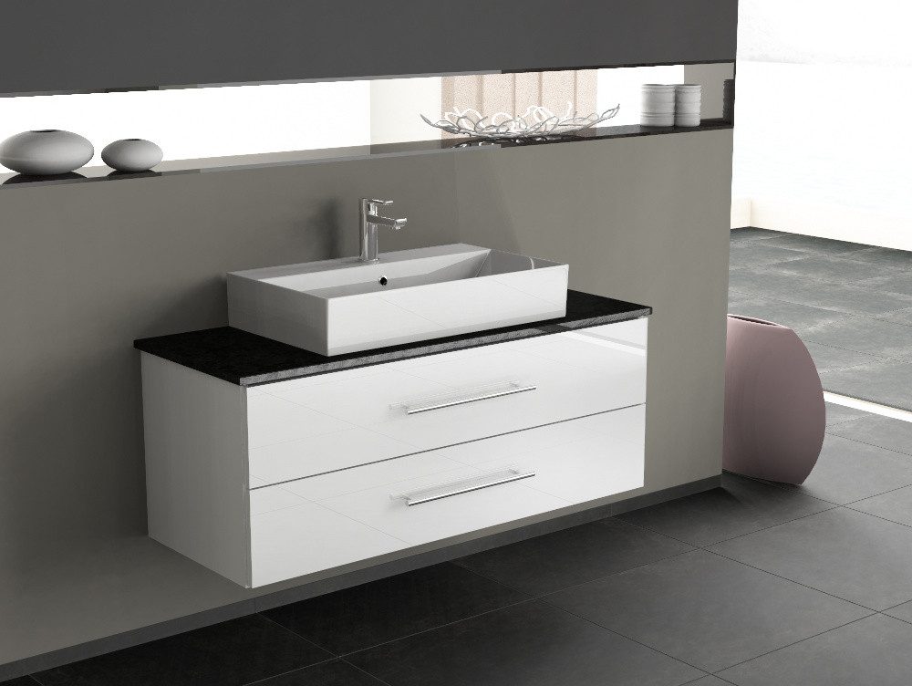 Aqua Bagno Badmöbel-Set Badmöbel-Set 120 cm Weiß Hochglanz mit Keramikbecken & Steinplatte, (3-St., Badmöbelschrank mit Trägerplatte, Waschbecken), einfache Montage