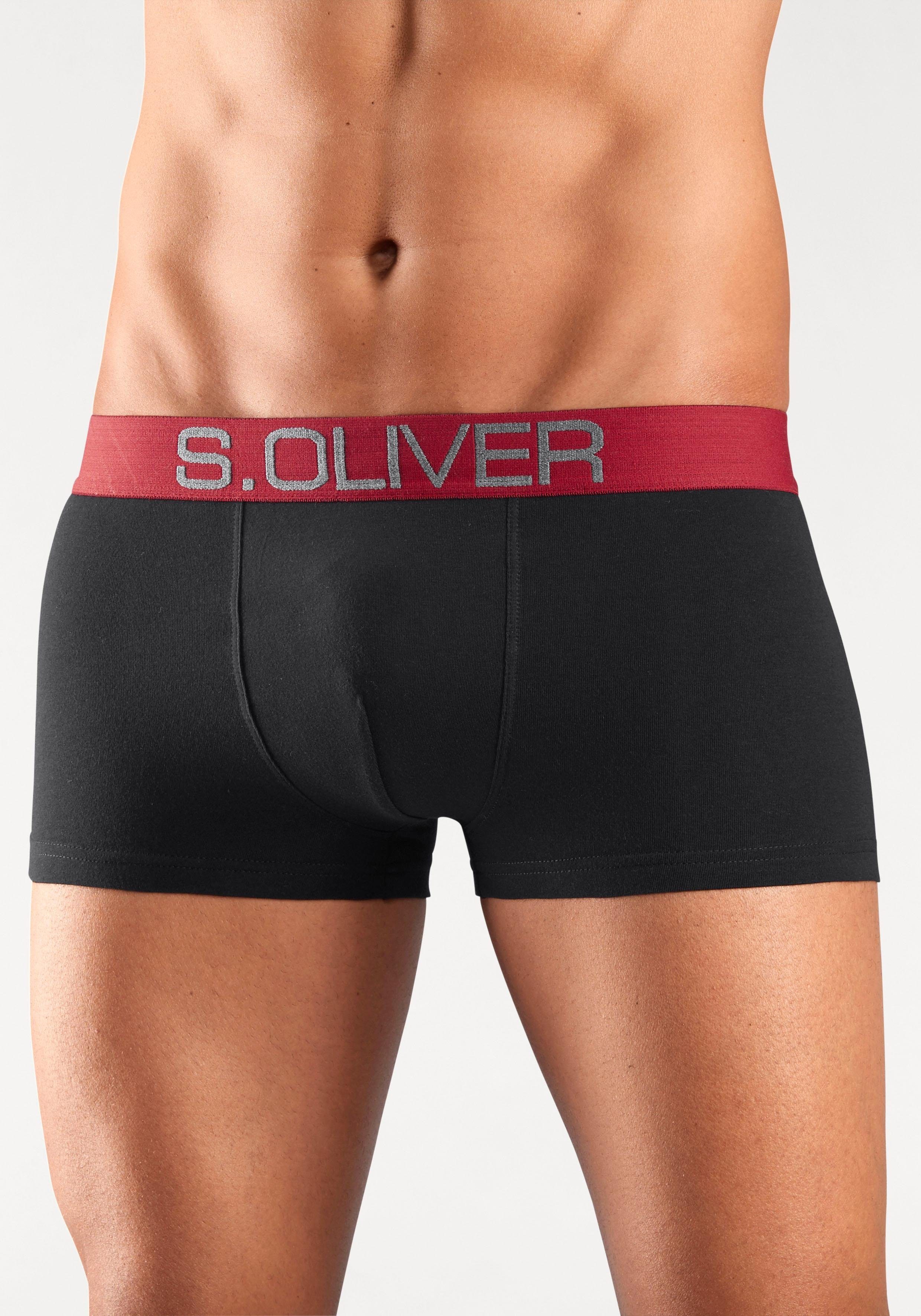 s.Oliver Boxershorts kontrastfarbenem (Packung, schwarz-grau, Webbund schwarz-rot mit schwarz-blau, in Hipster-Form 4-St) schwarz-türkis