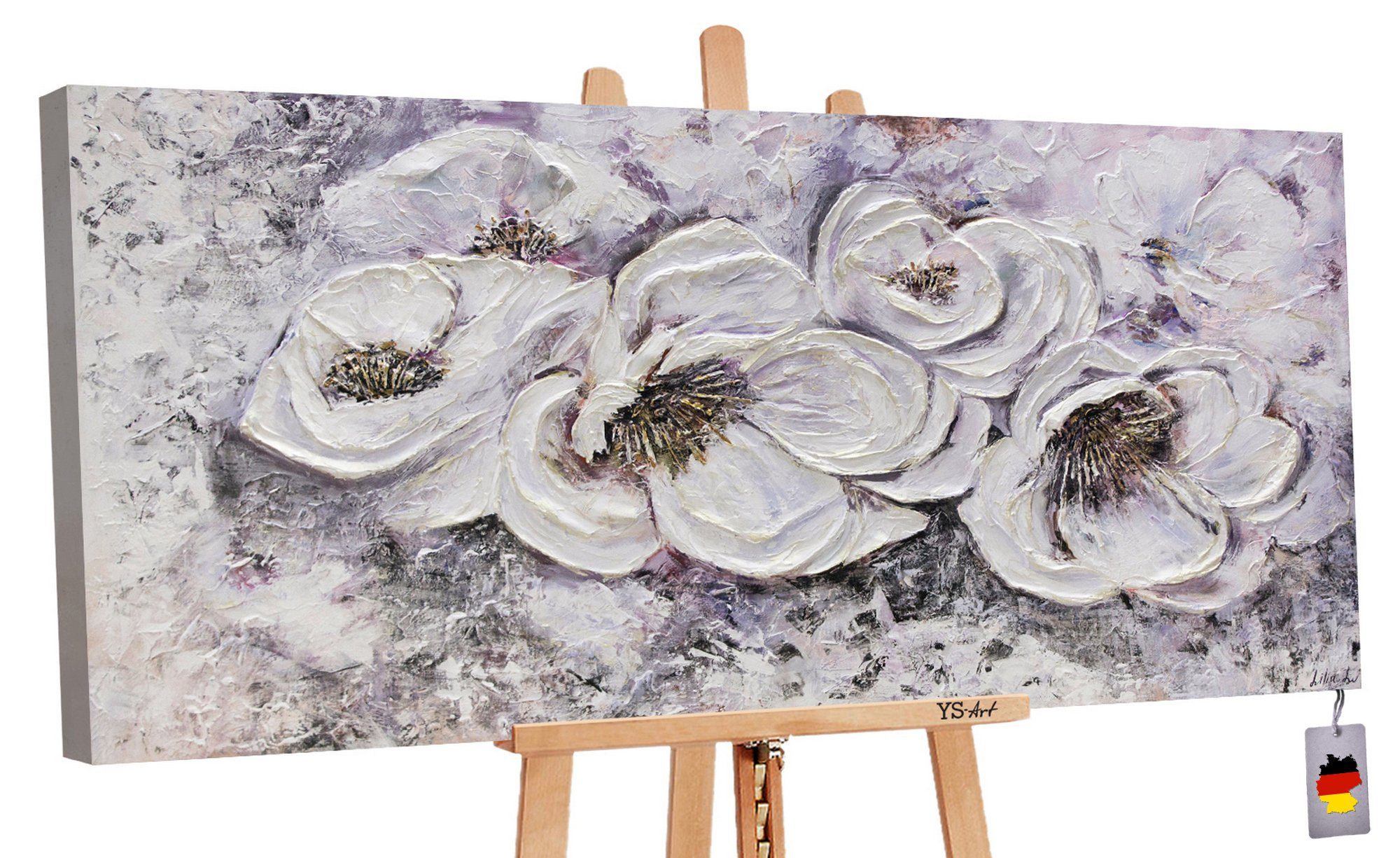 YS-Art Gemälde Lieblingsblumen, Blumen, Blumen auf Leinwand Bild Handgemalt Lil Gold Weiß Beige