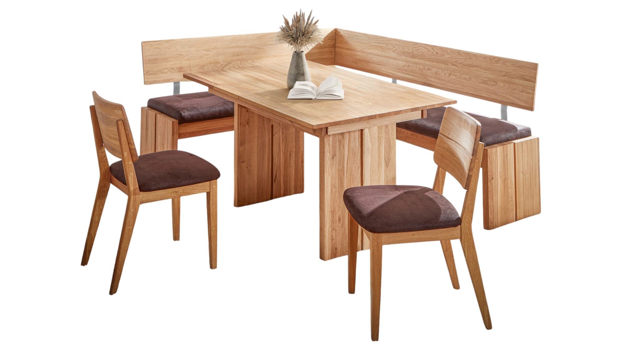 58 aufm Kessel Essgruppe Eckbankgruppe Modern Dani 1 für 7 Personen Massivholz Wildeiche/Braun, (inkl. Versand, Lieferung bis Verwendungsstelle), Sitzgruppe mit Eckbank, Wangentisch und 2 Stühlen hochwertig+langlebig