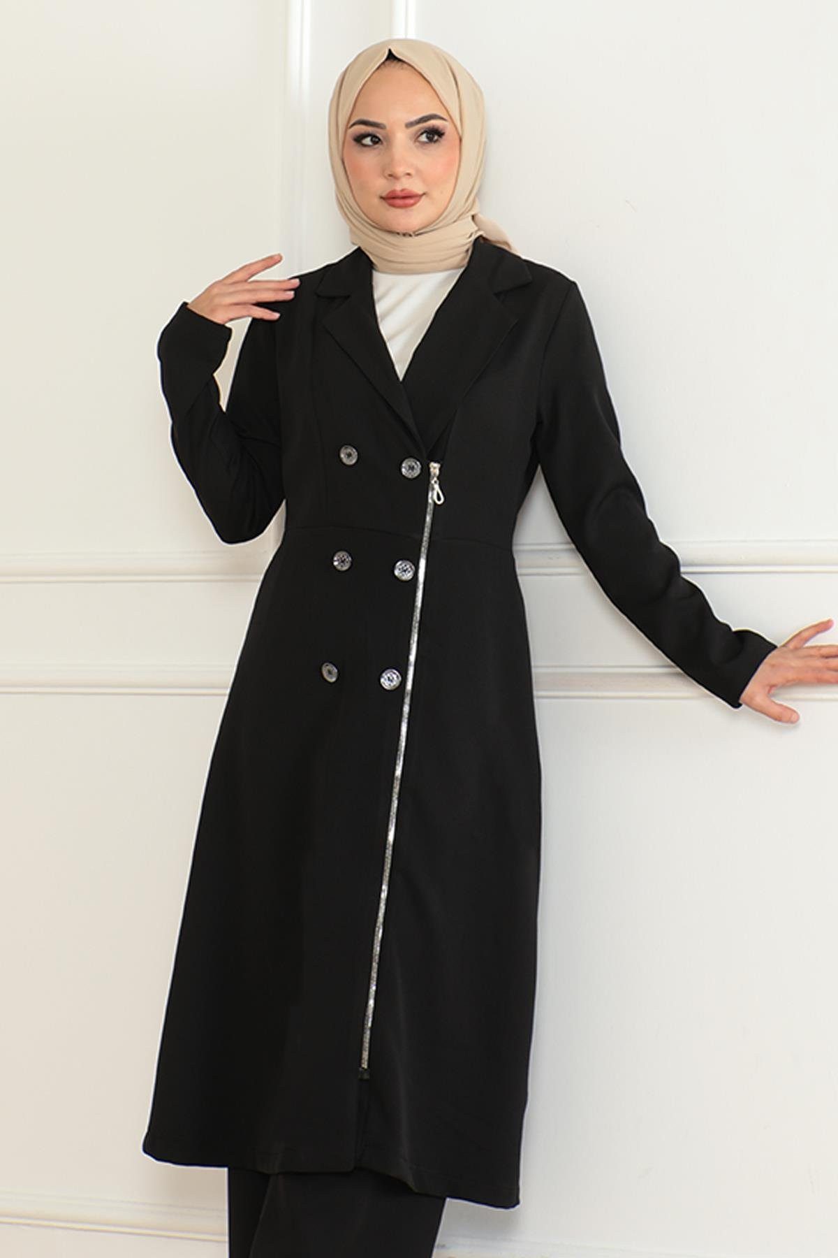 MODAMİHRAM Tunikakleid Knopf Detail Reißverschluss Anzug Beige 19219 günstig online kaufen