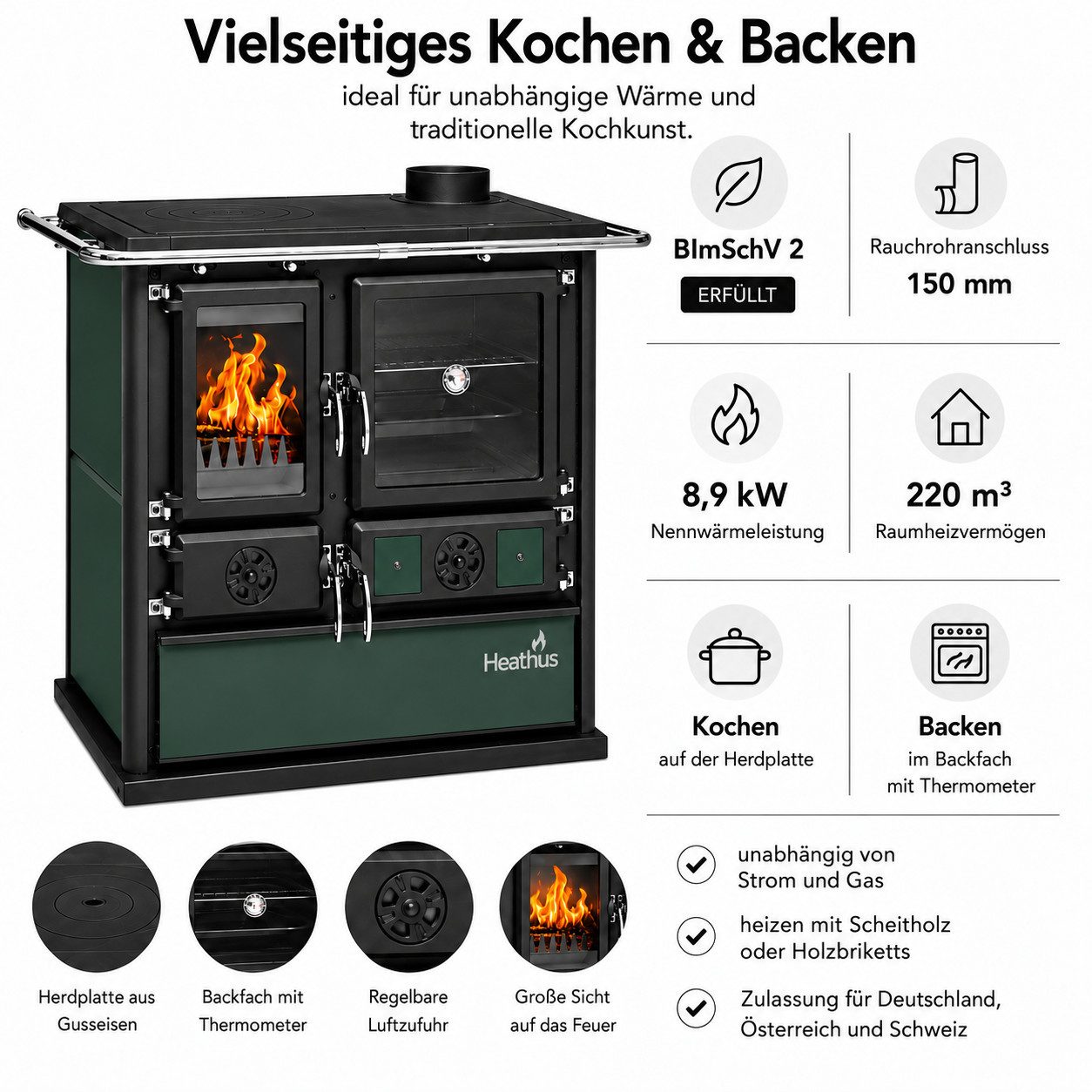 Festbrennstoffherd Cook Premium Green Pepper, 8,9 kW, Zeitbrand, Großer Feuerraum – Bild 5 von 5