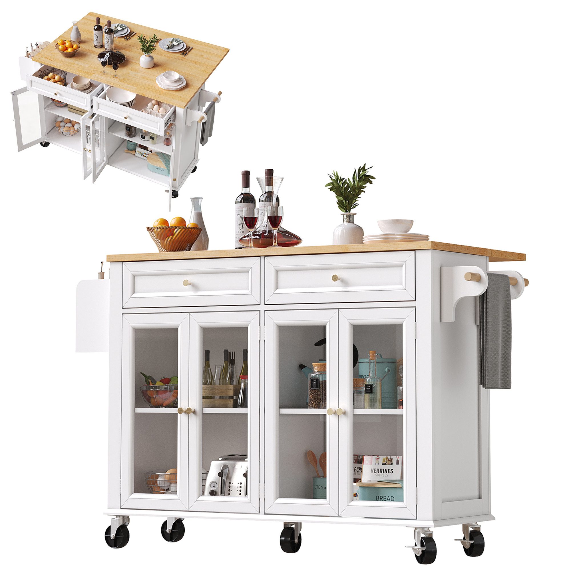 Refined Living Кухниinsel Mobile Кухниinsel/Servierwagen mit Rollen & Glastüren, Кухниschrank, (Multifunktionaler Кухни-/Buffetwagen mit Holzoptik, mit Arbeitsplatte Кухниwagen mit Glastüren, Sideboard auf Rollen, Wohnzimmerschrank mit Rollen, Multifunktionaler Esstisch mit Stauraum, Esszimmer Кухниwagen,Snackregalen), Großer Stauraum,mit Schublade & Türen,für Küche,Wohnzimmer,Büro