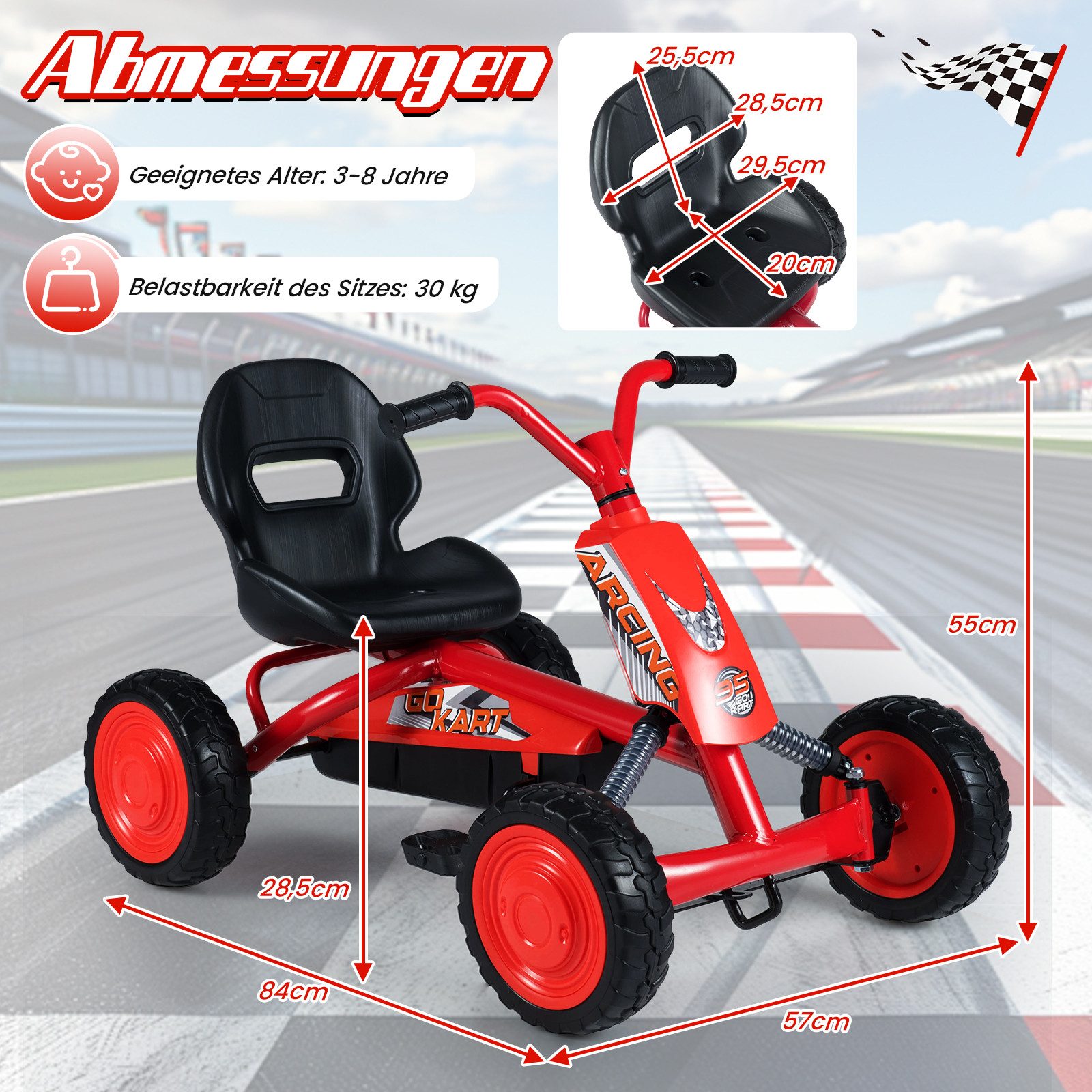 COSTWAY Go-Kart, Kinderauto mit Pedal, verstellbarem Sitz, bis 30 kg