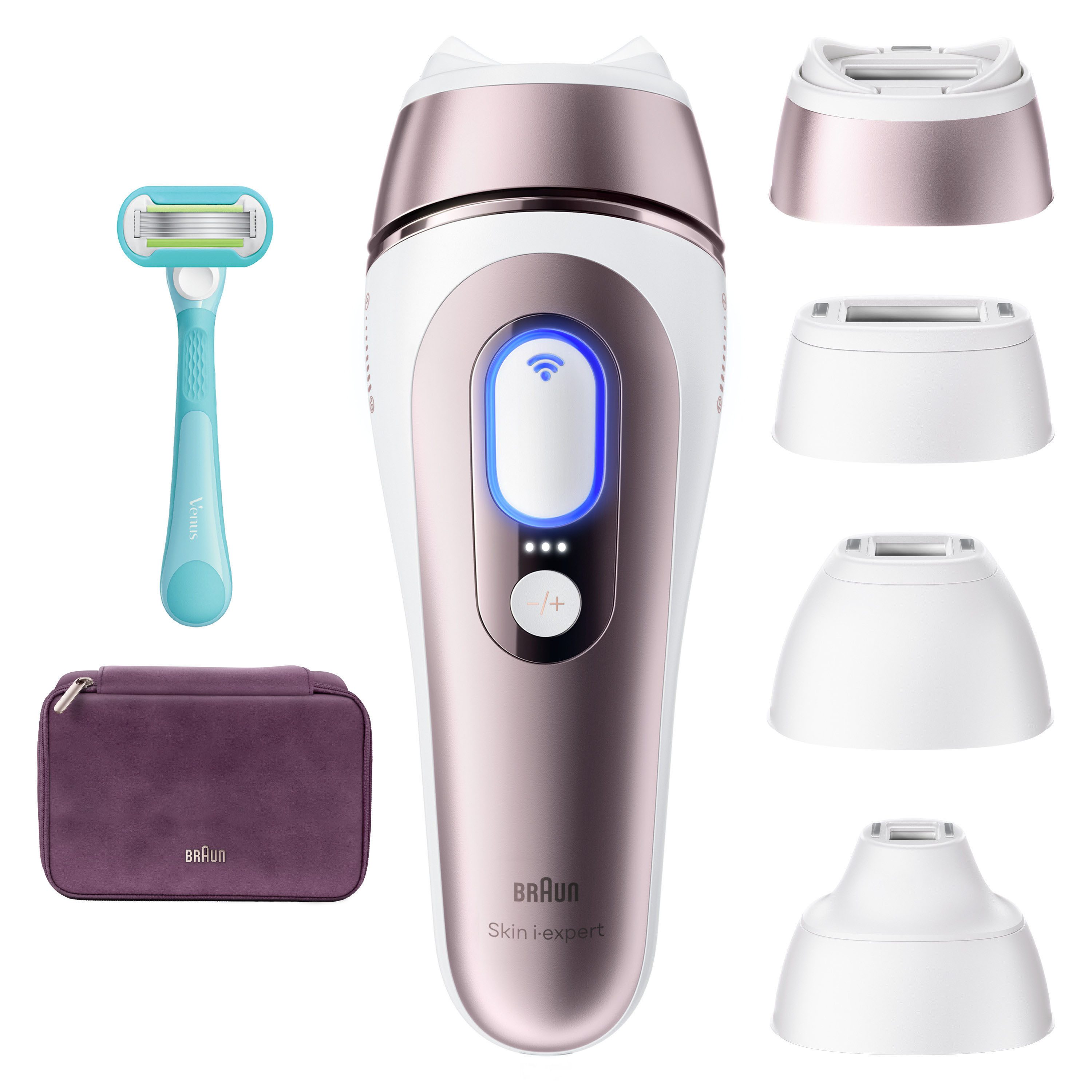 Braun IPL-Haarentferner Braun Smart IPL Skin i·expert PL7431, Tasche, Venus-Rasierer, 4 Aufsätze, kostenlose App, Laser-Haarentfernung für zu Hause, Dauerhafte Haarreduzierung