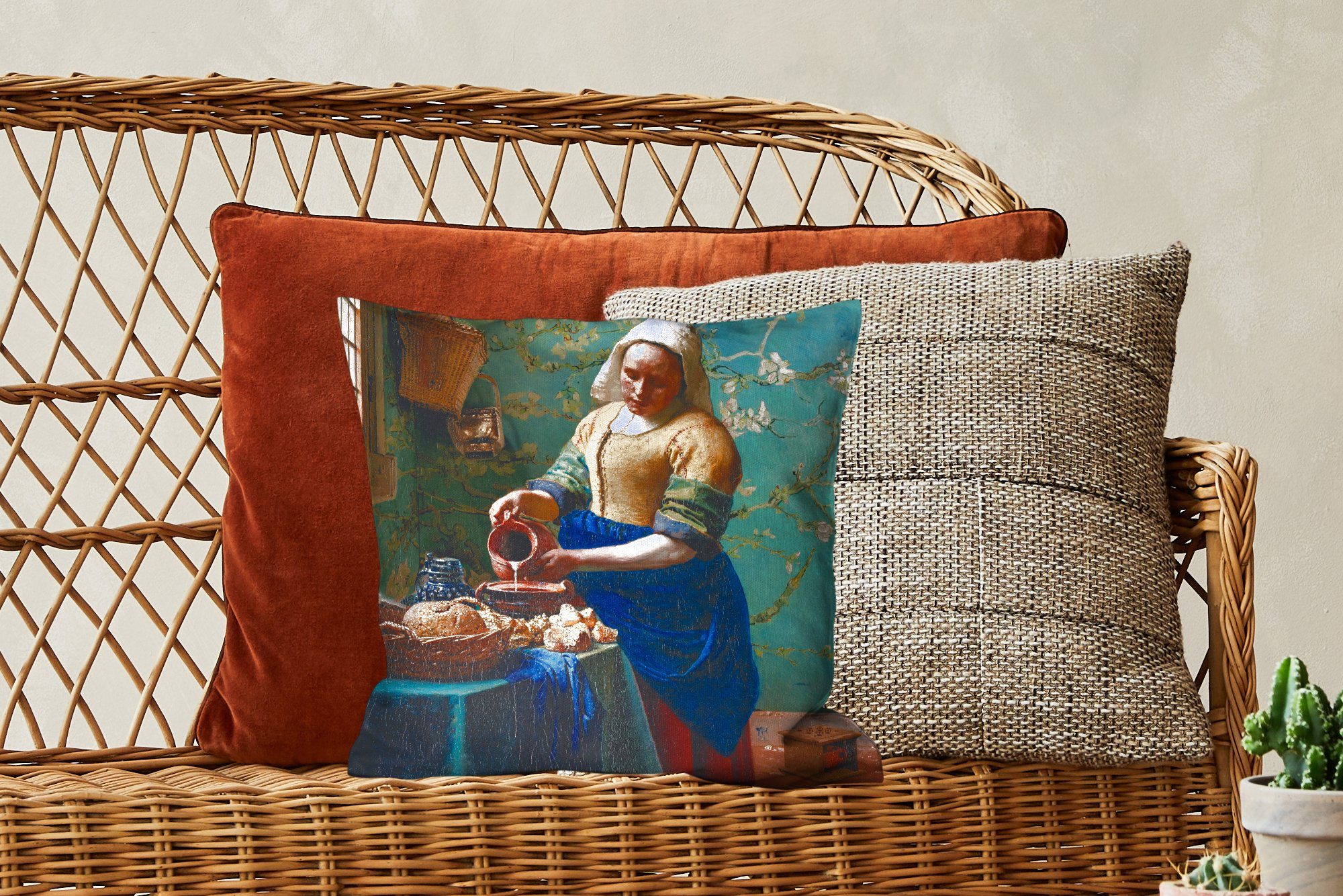 Mandelblüte Schlafzimmer, Deko, Sofakissen für Gogh - Wohzimmer, - Milchmädchen Gemälde Zierkissen Vermeer Füllung - mit Van Alte, MuchoWow - - Dekokissen