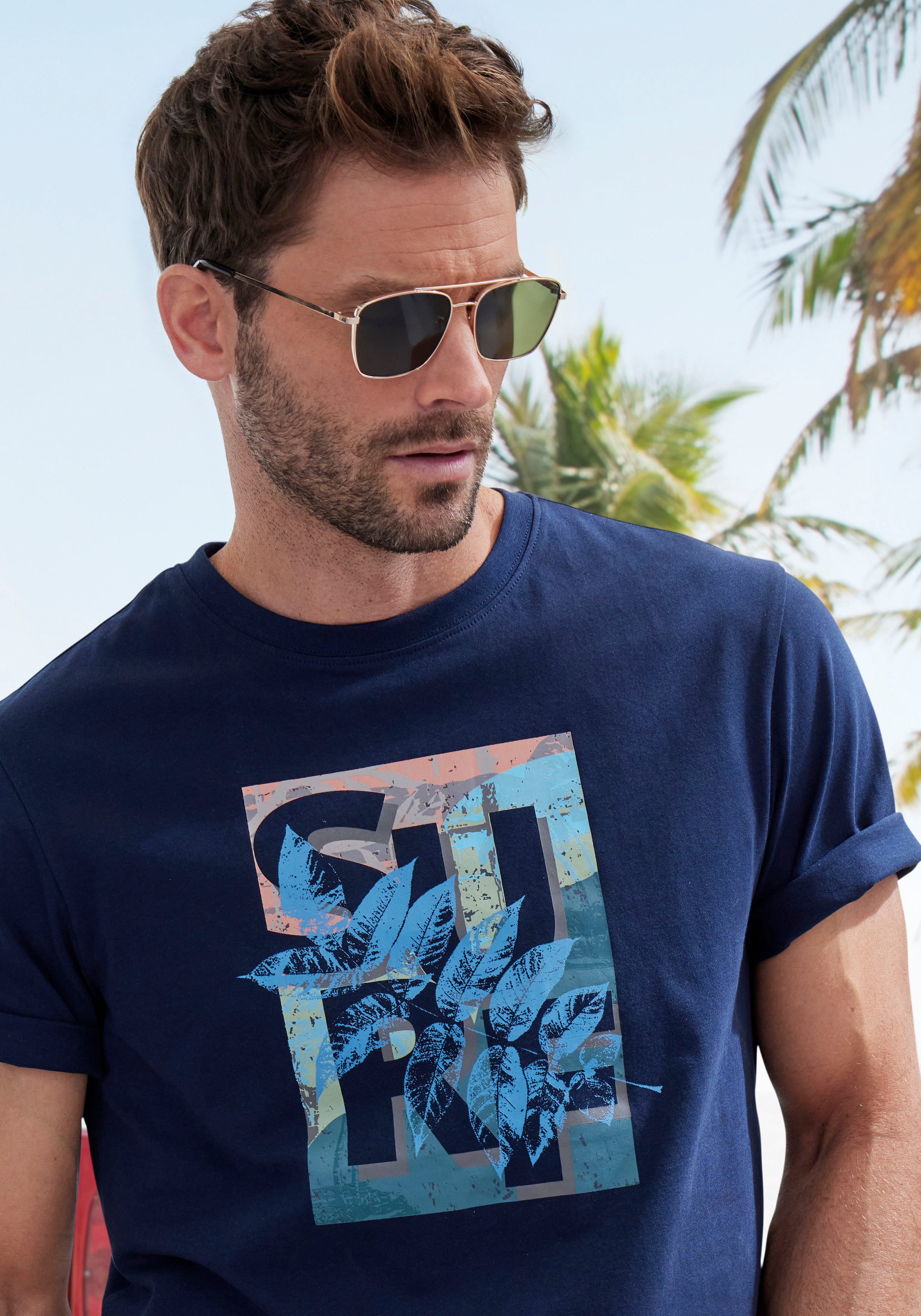 John Devin T-Shirt Rundhalsshirt mit Surf -Aufdruck aus reiner Baumwolle