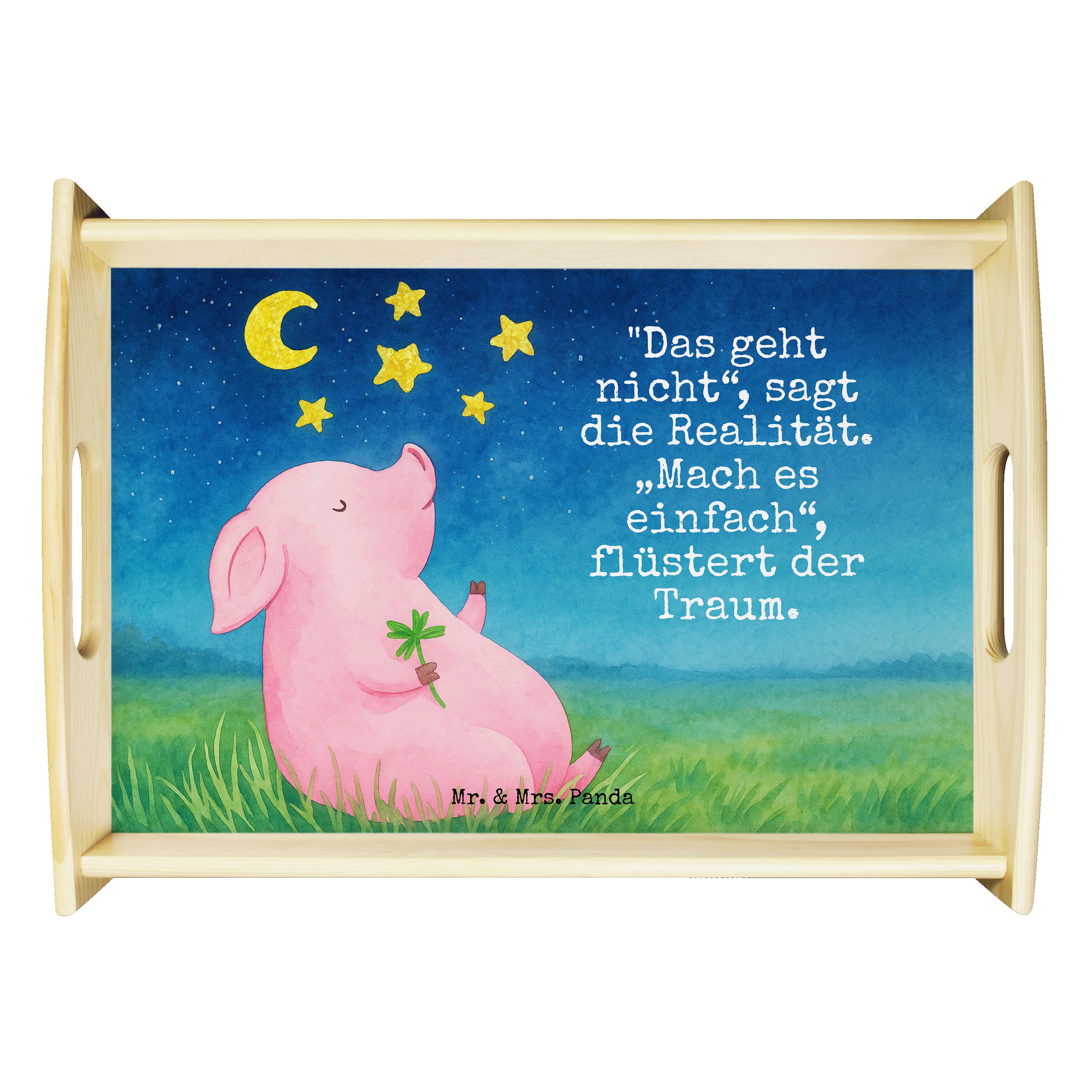 Mr. & Mrs. Panda Tablett Schwein Glück Design, Holztablett, Weiß, Tablett, Deko, Schweinchen, Echtholz lasiert, (Packung), Lustige Sprüche Ziele Motivation
