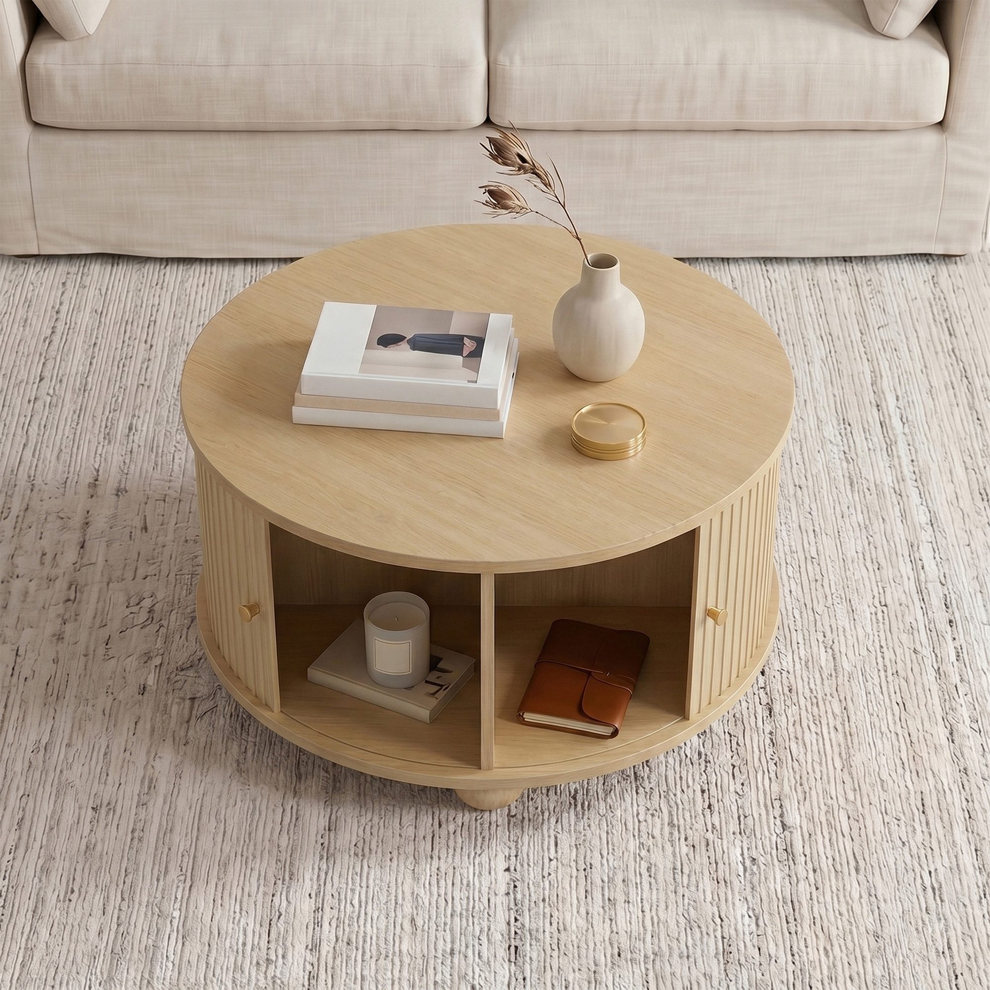Merax Couchtisch Runder Satztisch Beistelltisch in Retro-Design (72 × 72 × 38 cm, 1-St), Wohnzimmertisch mit Schiebetüren, 4 Fächern, Metallfüße,Reliefstruktur