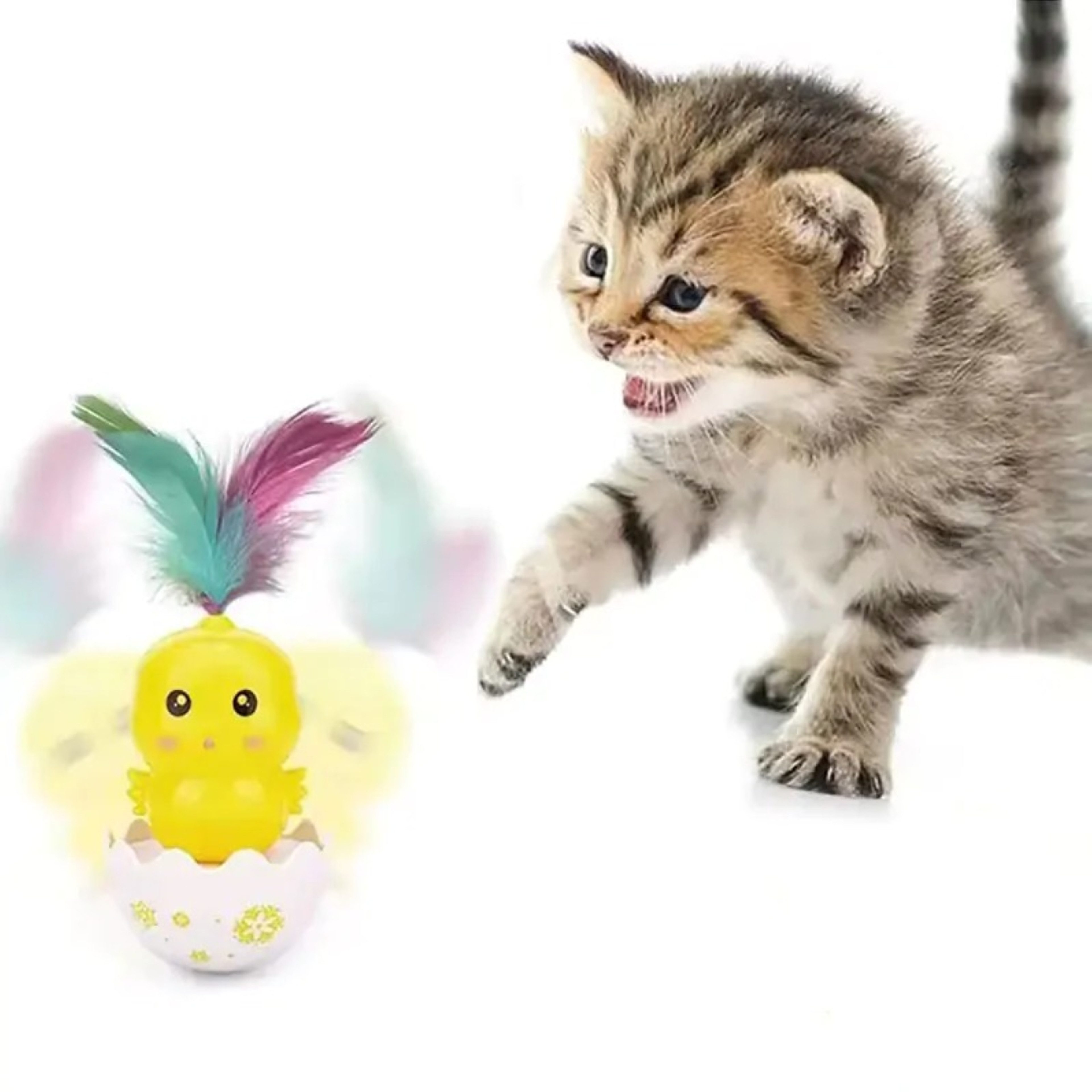 NUXIE Cat Tierball Katzenspielzeug Ei mit Federn inkl. Geräuschball, interaktiv, Interaktives Katzenspielzeug für Einzel- oder Gruppenspiel Geräuschball im Inneren, bunte Federn, weckt Spiel- und Jagdtrieb