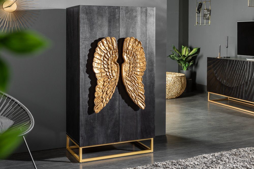 riess-ambiente Highboard ANGEL 140cm schwarz / gold, Massivholz · Anrichte · Kommode · mit goldenen Flügeln · Mangoholz