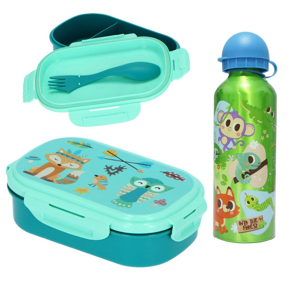 Kids Euroswan Lunchbox Waldtiere 3 tlg Kinder Lunch Set Brotdose Alu Trinkflasche Göffel, Kunststoff Aluminium, (3-tlg)
