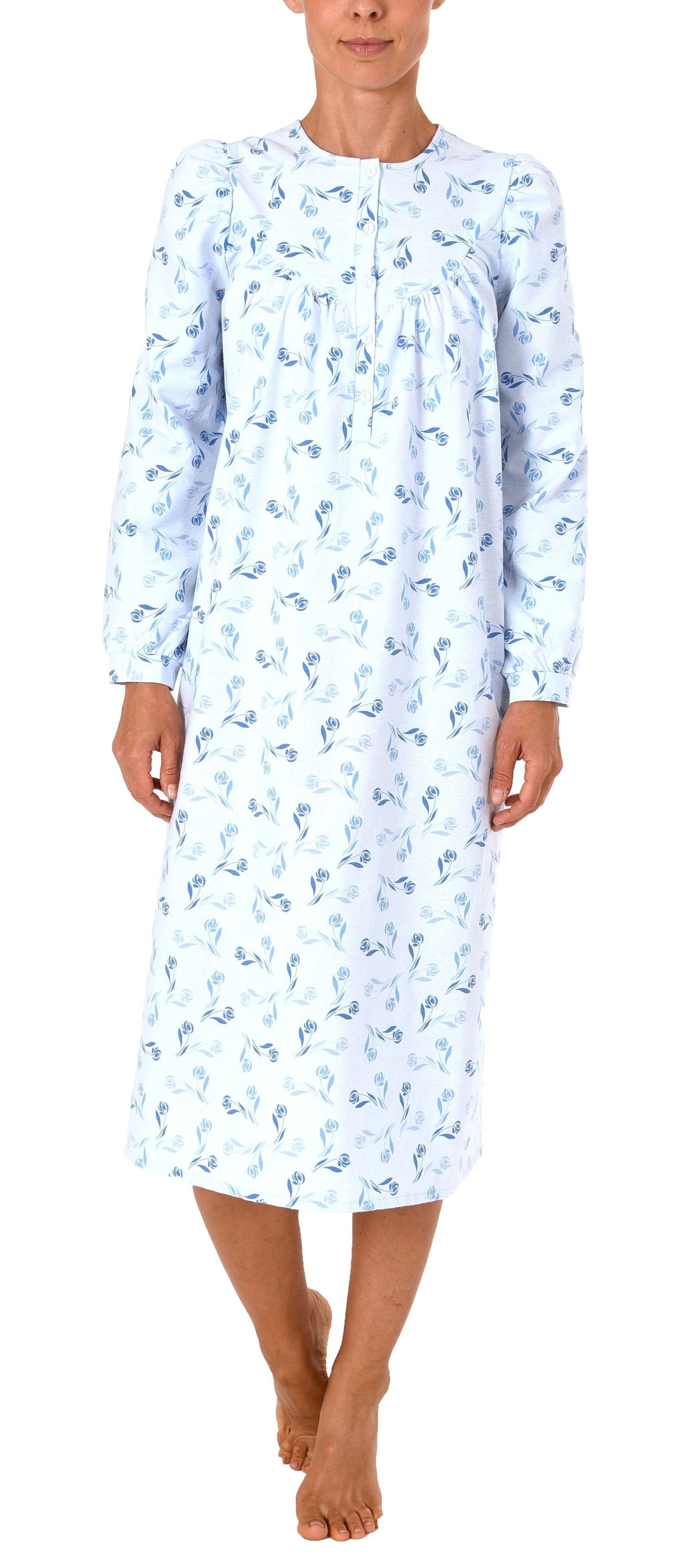 Normann Nachthemd Damen Finette Nachthemd fraulich mit Knopfleiste am Hals  – auch in Übergrössen – 61885