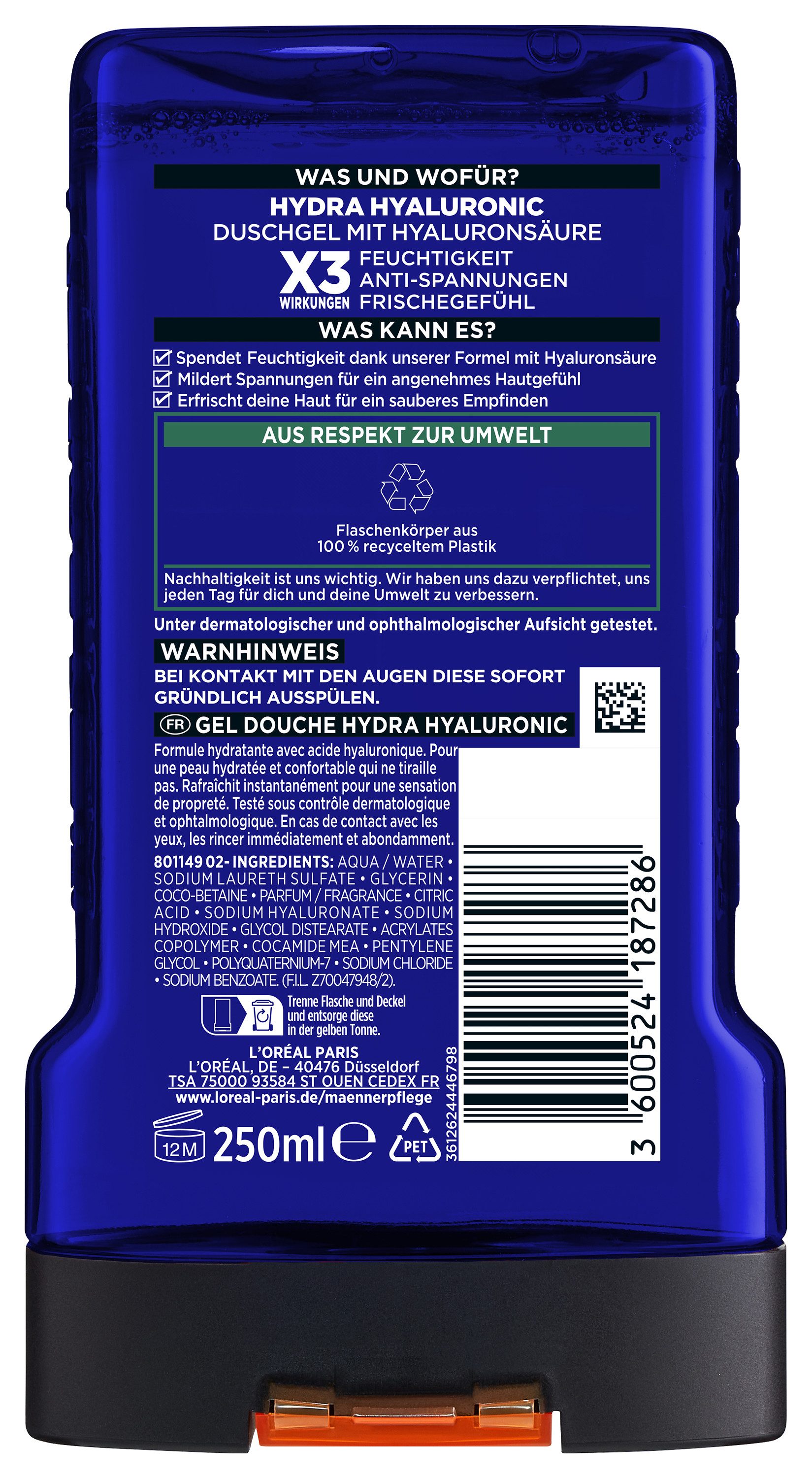 L'ORÉAL PARIS MEN EXPERT Duschgel L'Oréal Men Expert Hydra Hyaluronic Duschgel, 6-tlg., Feuchtigkeitsspendend, mildert Spannungen, mit Zitrusnote.