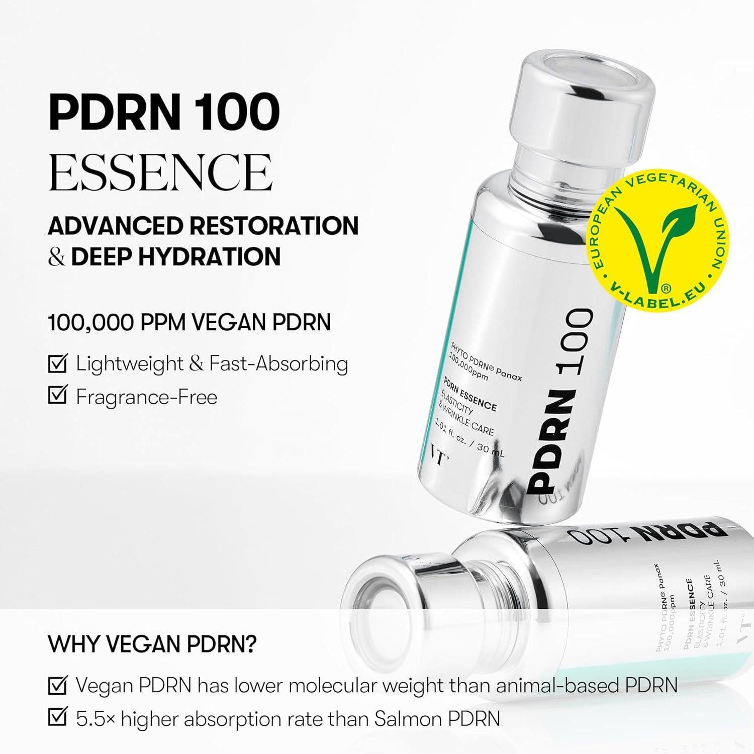 VT Cosmetics Gesichtsserum PDRN Essence 100 - Gesichtsessenz für strahlende Elastizität Vegane Gesichtsessenz mit PHYTO PDRN, duftfrei, koreanische Kosmetik, für empfindliche Haut geeignet
