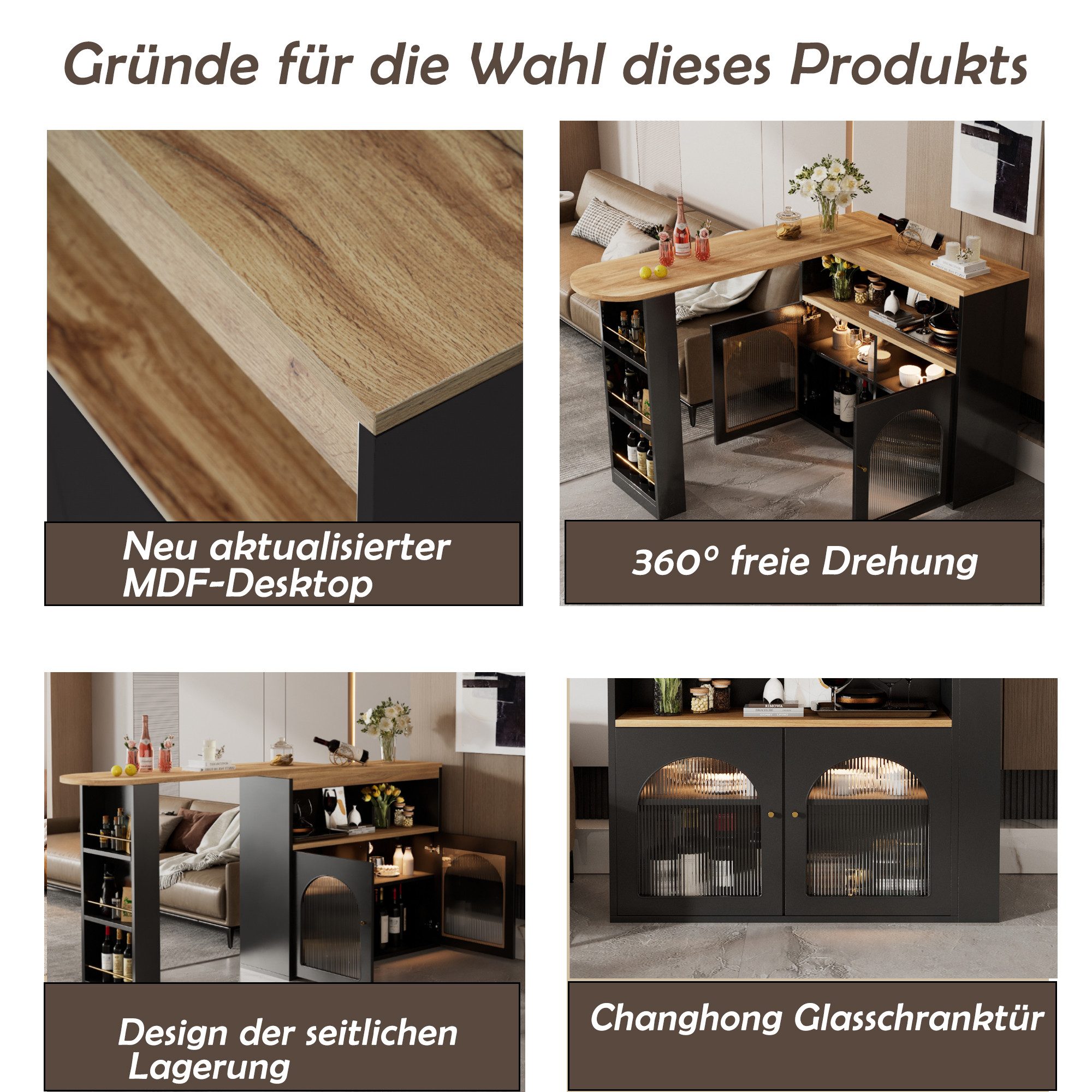 i@home Bartisch ausziehbar Stehtisch Bistrotisch drehbar Sideboard 138-193X39X105CM (138-193X39X105CM, Bis 50 kg belastbar, 1x Bartisch), Ausziehbarer Esstisch  – Bild 4 von 5