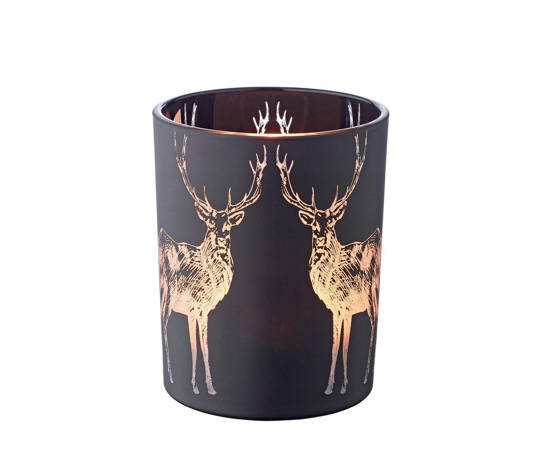 EDZARD Windlicht Tiu, Höhe 13 cm, Ø 10 cm, Kerzenglas mit Hirsch-Motiv in Gold-Optik, Teelichtglas im zeitlosen Design