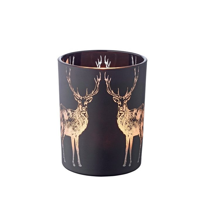 EDZARD Windlicht Tiu Höhe 13 cm Ø 10 cm Kerzenglas mit Hirsch-Motiv in Gold-Optik Teelichtglas im zeitlosen Design