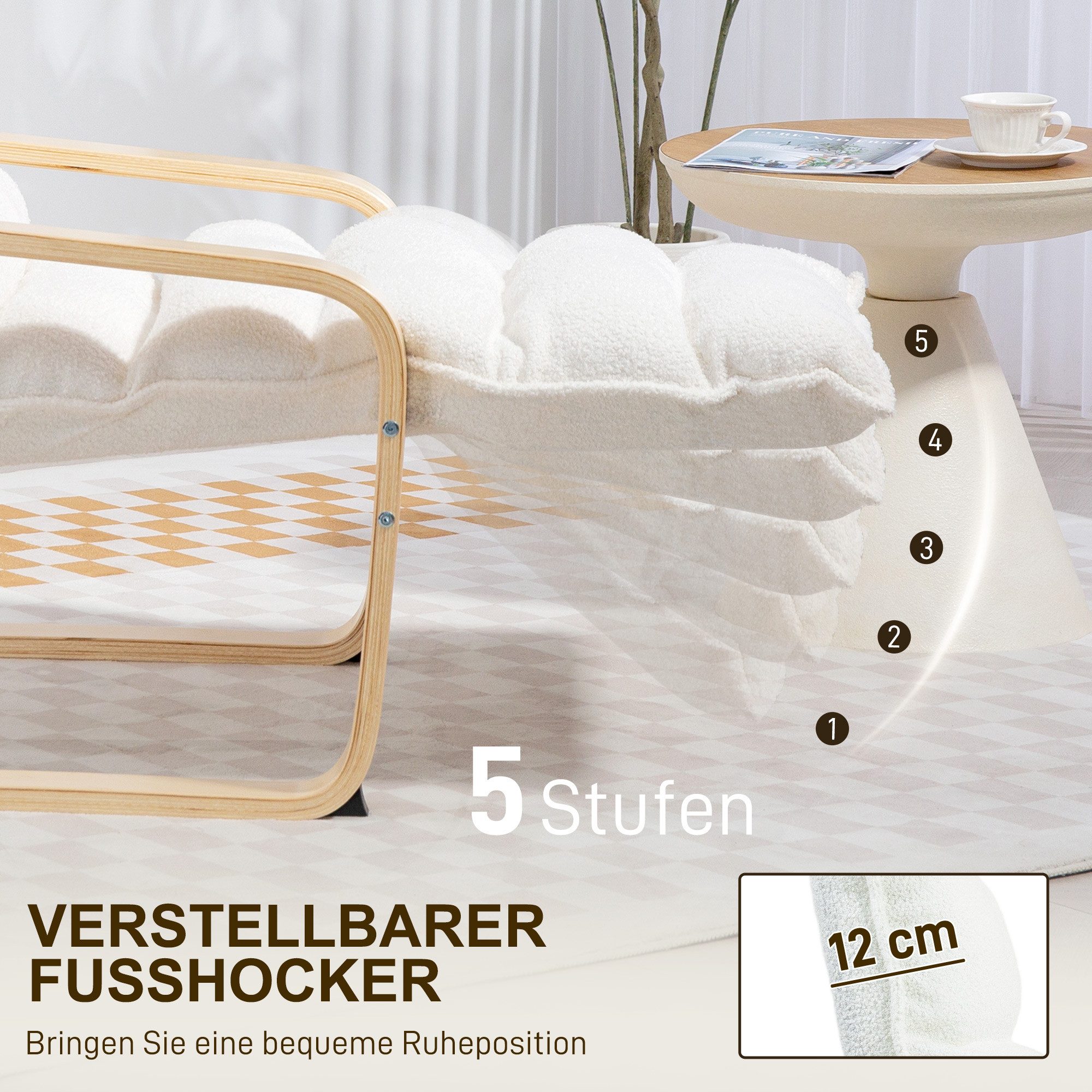 HOMCOM Relaxsessel Lounge-Sessel aus Birkenholz (gepolsterter Relaxsessel mit verstellbarer Fußstütze, 1-St., moderner Sessel für Wohnzimmer), 93-114 x 67 x 105 cm, Weiß