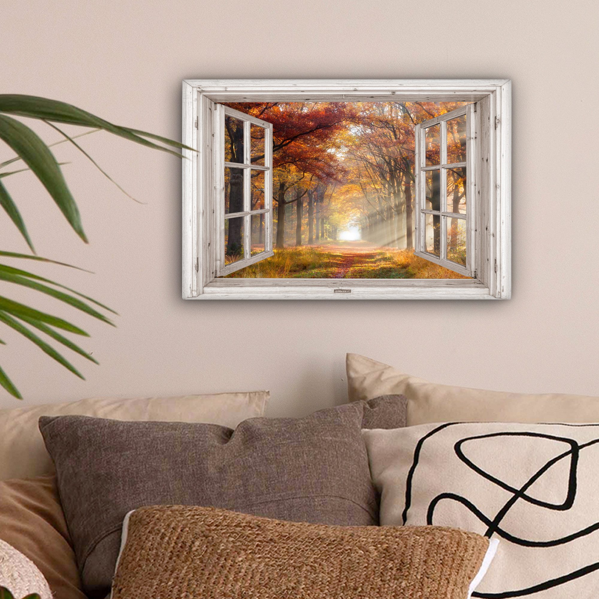 OneMillionCanvasses® Leinwandbild Herbst - Wald - Bäume - Natur - Fensterbl günstig online kaufen