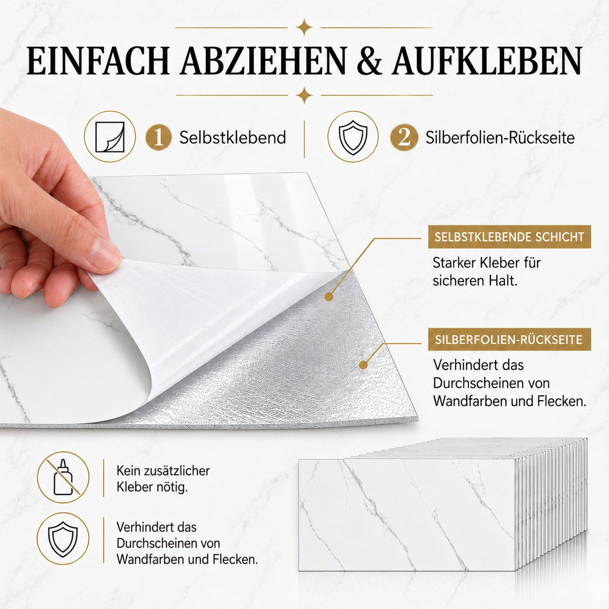 LEMLIT Fliesenaufkleber Selbstklebende Wandpaneele Marmoroptik 60 x 30 cm, 2,2 mm (20er Set, 20 St., Maße je Paneel: 60 x 30 x 0,22 cm), Wandverkleidung Marmoro – Bild 4 von 5
