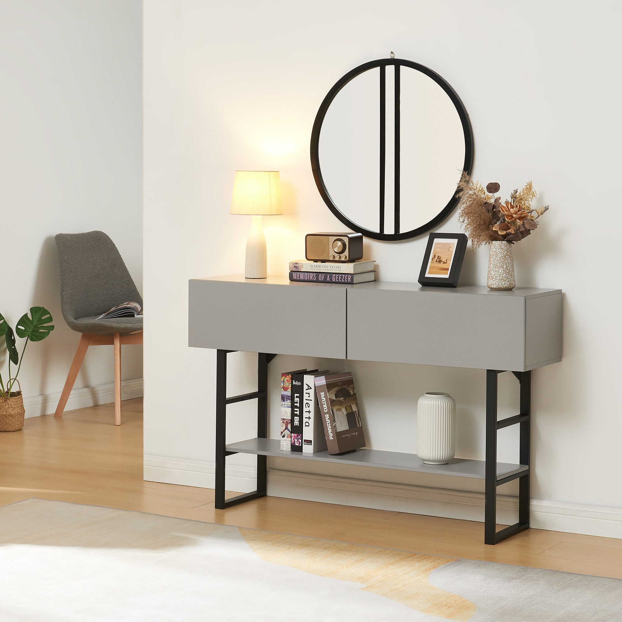 en.casa Konsolentisch, »Varberg« mit 2 Schubladen 75 x 120 x 30 cm Hellgrau günstig online kaufen