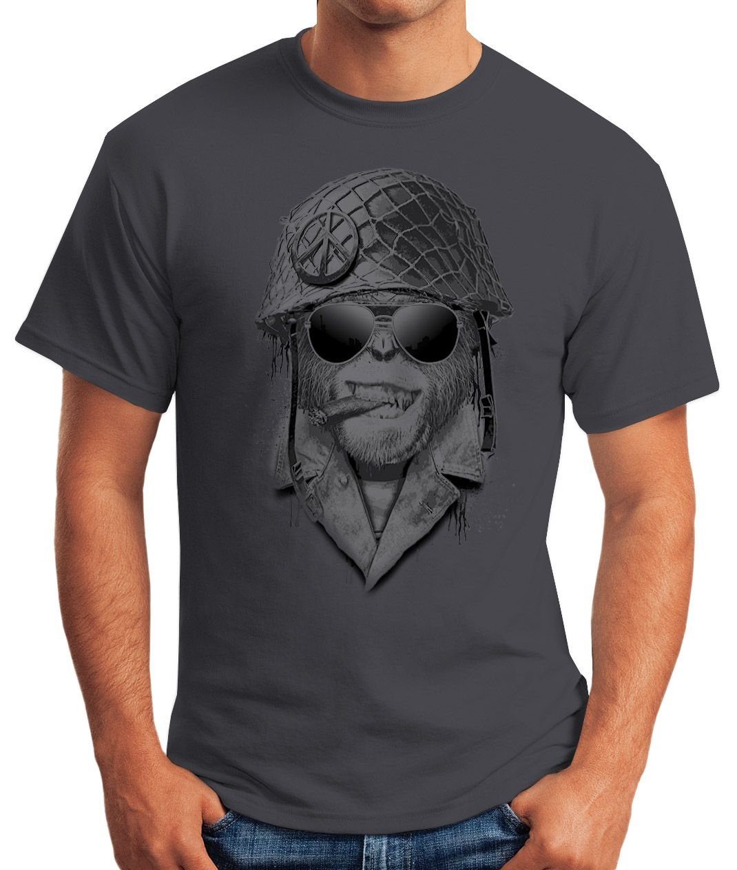 MoonWorks Print-Shirt Herren grau mit Helmet Print Gorilla Fun-Shirt T-Shirt Moonworks®