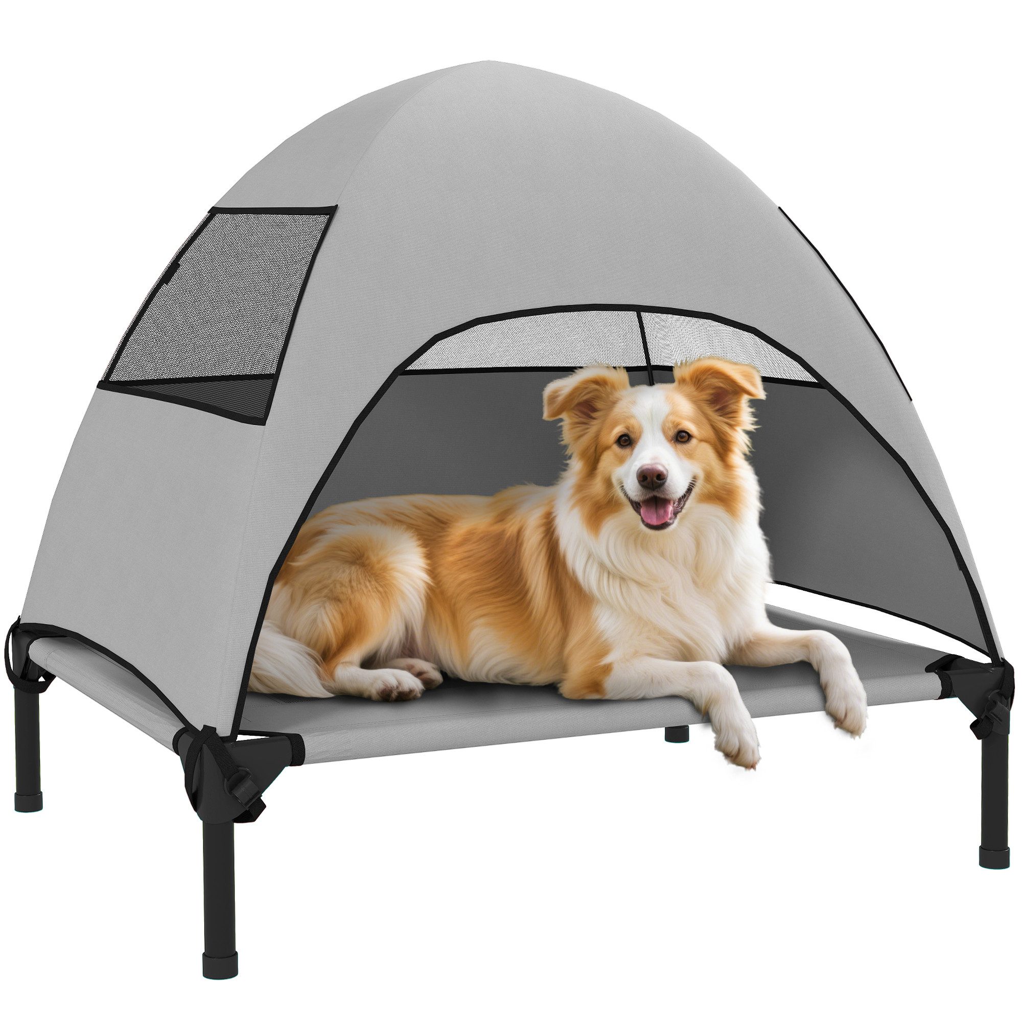 PawHut Tierbett Hundeliege Outdoor mit Dach, Erhöhtes Hundebett, Polyester, für Mittelgroße Hunde, für Draußen Camping, 76x61x71cm, Hellgrau – Bild 2 von 5