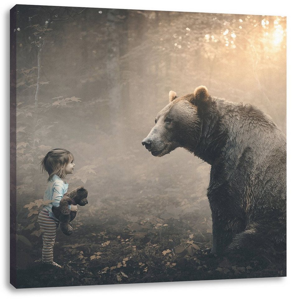 Pixxprint Leinwandbild Mädchen mit Teddy und Bär im Wald, Mädchen mit Teddy  und Bär im Wald (1 St), Leinwandbild fertig bespannt, inkl. Zackenaufhänger