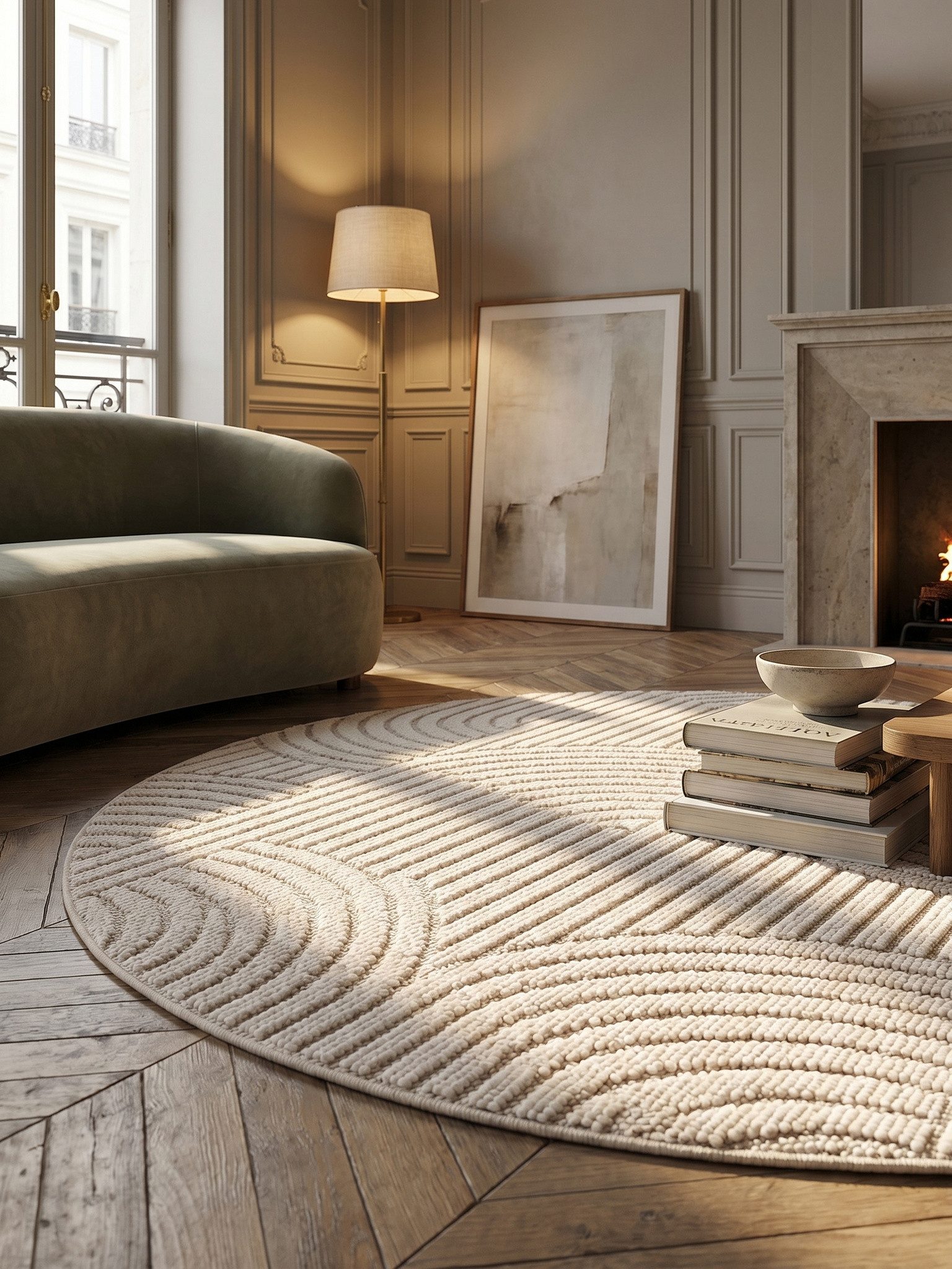 KADIMA DESIGN Teppich LANGAU Flachgewebe Hoch-Tief 3D Bögen Waschbar Wohnzimmer, Rund, Höhe: 7 mm, Creme, 80x80 cm, Saugroboter OEKO-TEX Fußbodenheizung Strapazierfähig