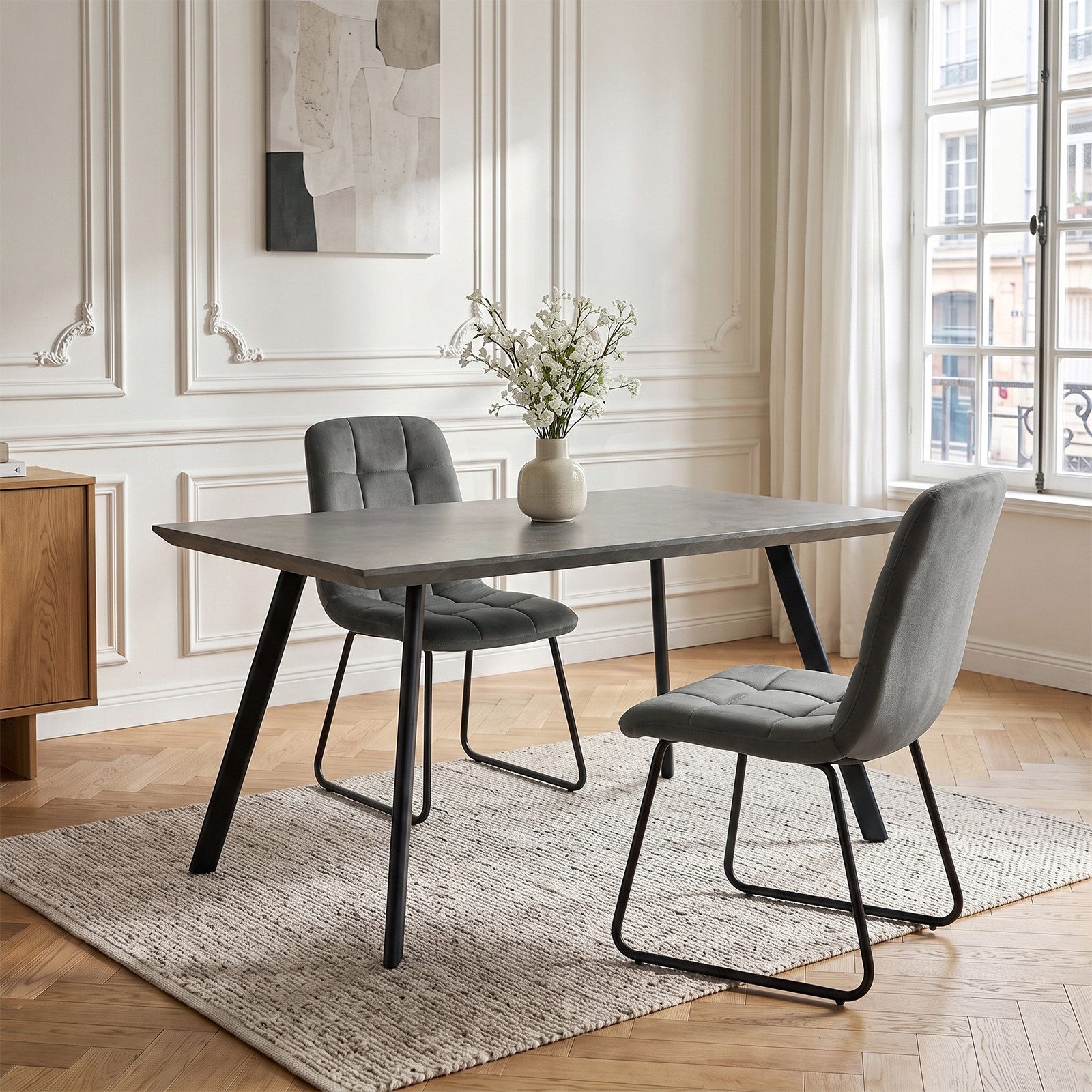 Jiexi Essgruppe Essgruppe fest 120x73 MDF Grau Tisch Set mit Flanell Stühlen