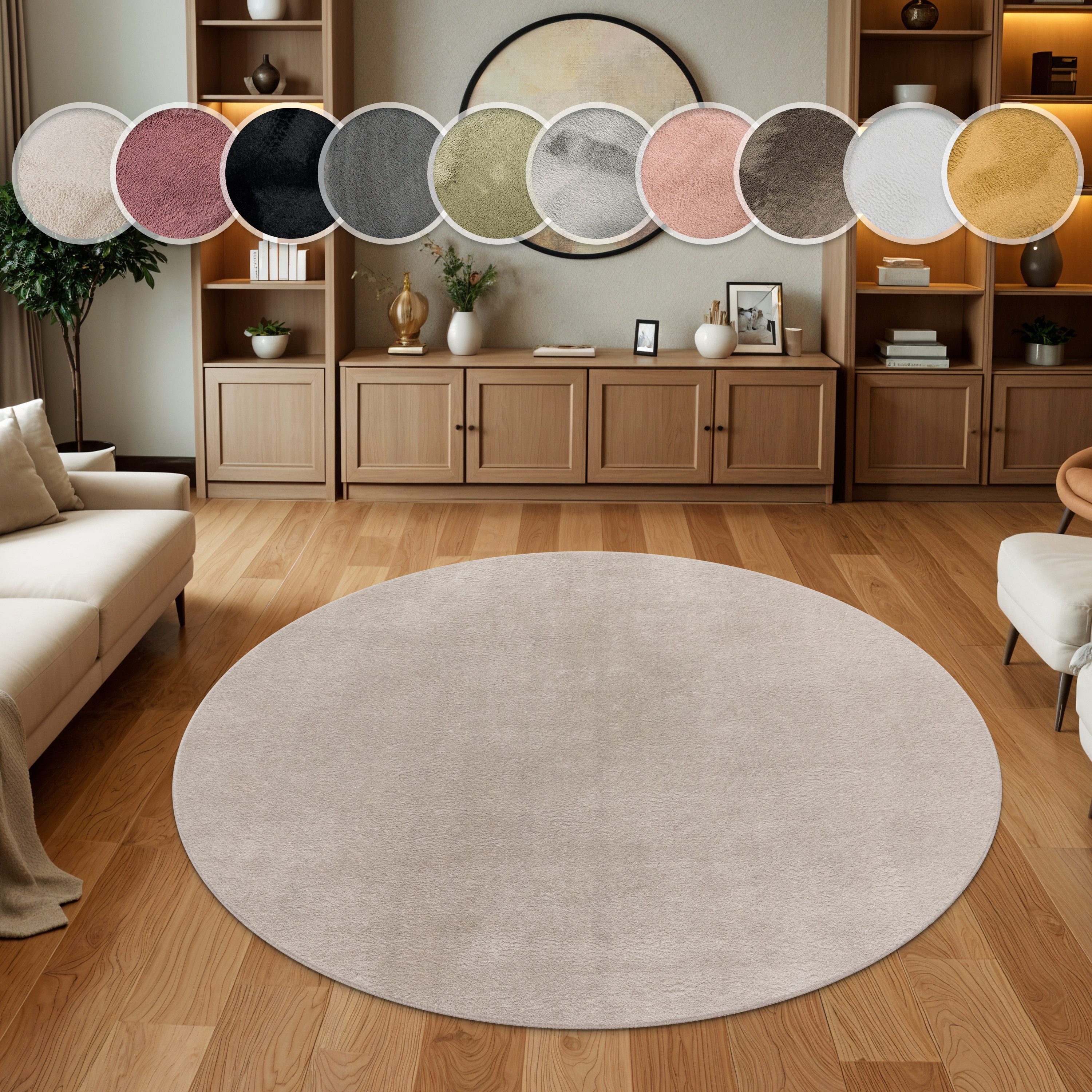 Paco Home Fellteppich Kunstfell Soft 380, rund, Höhe: 14 mm, Langflor, Kuschelteppich - besonders weich, Uni-Farben