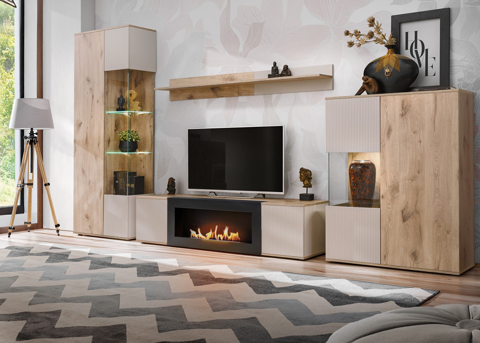Inn.Furn Wohnwand Cathlyn, (Schrankwand 4-teilig mit integriertem Ethanol Kamin, Eiche mit Kaschmir, 350 x 197 cm), mit Push-To-Open, inklusive Beleuchtung