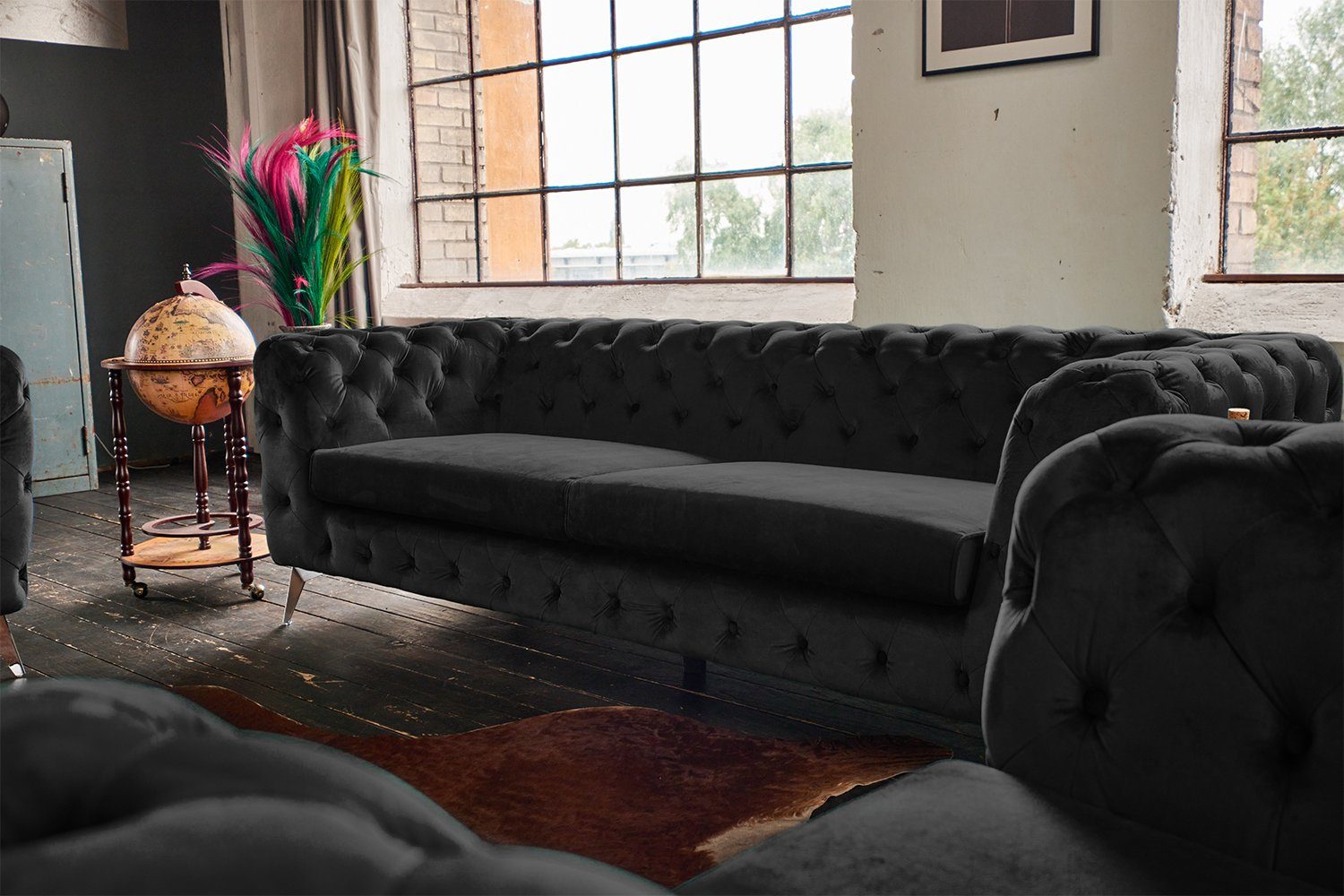 KAWOLA 3-Sitzer NARLA, Sofa schwarz Velvet versch. Chesterfield Farben