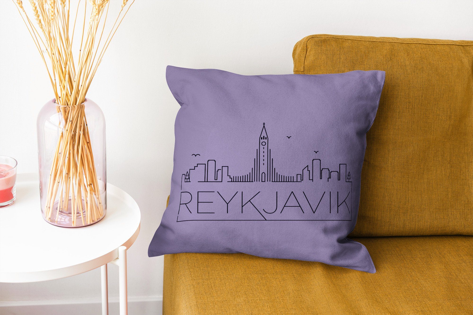 "Reykjavik" mit violetten Sofakissen Hintergrund, Zierkissen vor Stadtbild Deko, für Füllung MuchoWow Dekokissen Wohzimmer, einem Schlafzimmer,