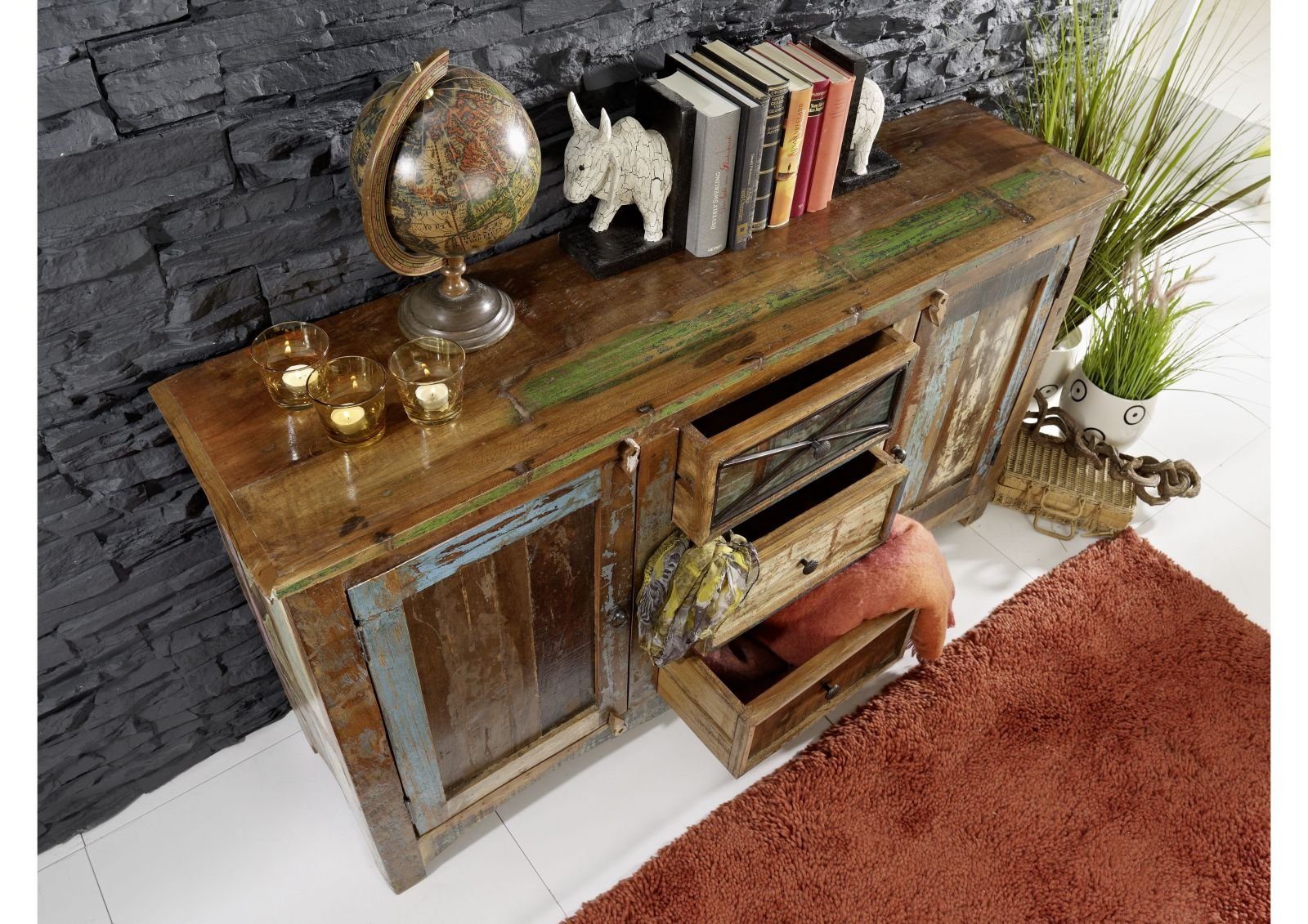 Massivmoebel24 Sideboard (Massivholz), Altholz 150x38x85 mehrfarbig lackier günstig online kaufen