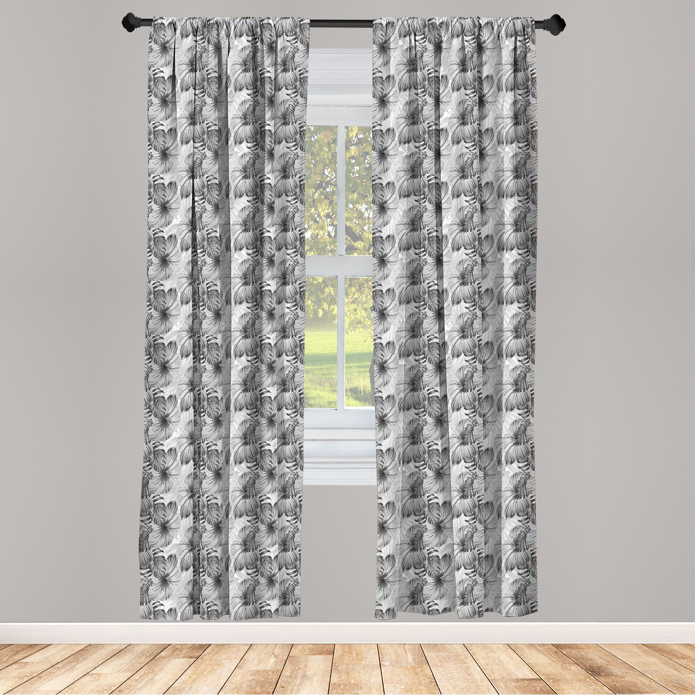 Gardine Vorhang für Dekor, Laub Insel Schlafzimmer Graustufen- Wohnzimmer Dschungel Abakuhaus, Microfaser
