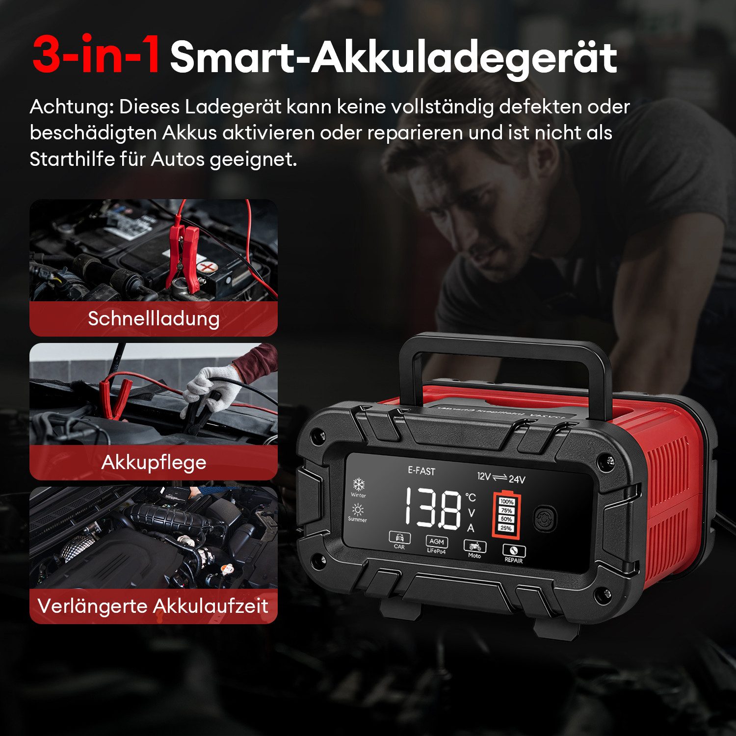 CkeyiN Pro 12V/24V Intelligentes Batterieladegerät, 15A Autobatterie-Ladegerät (7-Stufige Ladung & Reparaturmodus, Farbdisplay, für Auto, Motorrad, LKW, Blei-Sä – Bild 3 von 5