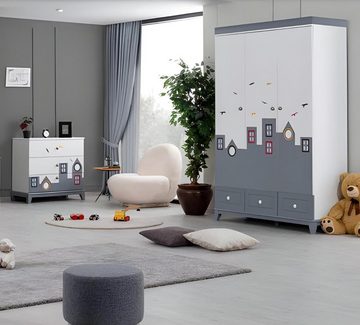 JVmoebel Jugendzimmer-Set Modern Kinderzimmer Set Kinderbett Kleiderschrank Kommode Neu, (3-St., Bett + Kommode + Kleiderschrank), Made in Europa