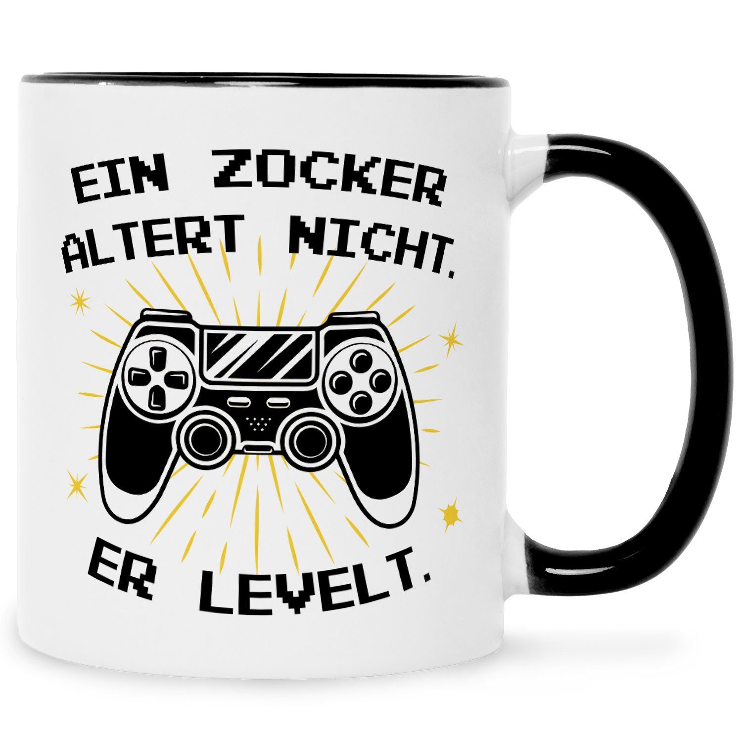 mit Spruch er Konsolen Bedruckte Computer Zocker Tasse & Schwarz GRAVURZEILE Ein Geschenk Weiß - Spieler nicht altert Tasse Gamer Zocker für für levelt, -